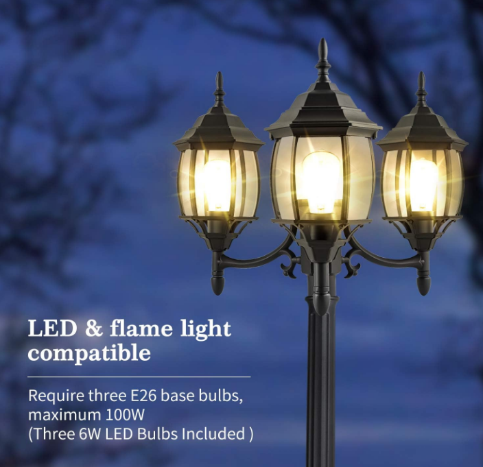 Outdoor Lamp Post Light 3-Head, Classic Black Light Pole with Clear Glass Panels, E26 Base Maximum 100W (3 LED Bulbs Included), Waterproof Street Light for Backyard, Garden, Driveway