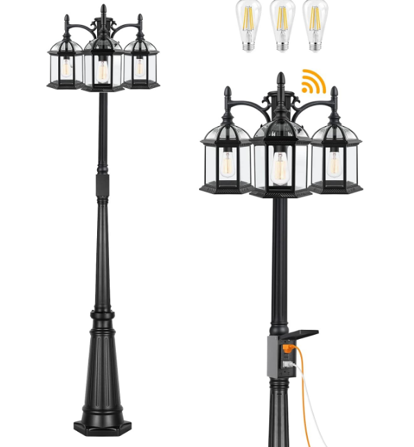 Dusk to Dawn Outdoor Lamp Post Light with GFCI Outlet, Triple Head Aluminum Street Light Post for Outside with Sensor, Waterproof Birdcage Pole Lighting Fixture for Backyard Garden Patio Driveway