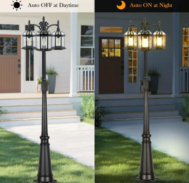 Dusk to Dawn Outdoor Lamp Post Light with GFCI Outlet, Triple Head Aluminum Street Light Post for Outside with Sensor, Waterproof Birdcage Pole Lighting Fixture for Backyard Garden Patio Driveway