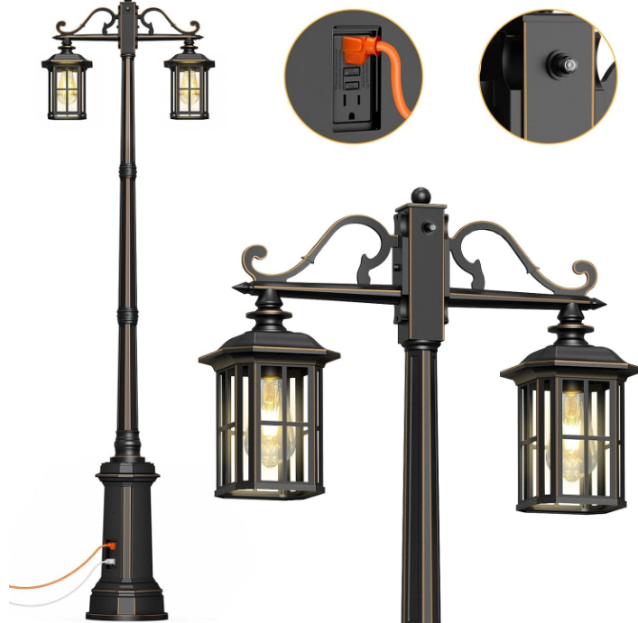 Outdoor Lamp Post Light with GFCI Outlet, Dusk to Dawn Waterproof Street Lighting, Waterproof Double Head Anti-Rust Aluminum Lantern Fixture for Backyard Driveway Garden Patio