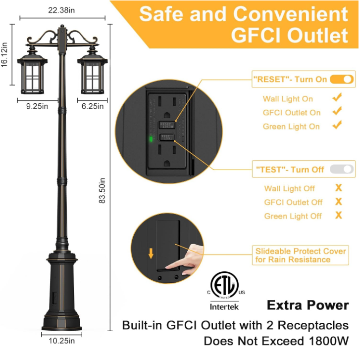 Outdoor Lamp Post Light with GFCI Outlet, Dusk to Dawn Waterproof Street Lighting, Waterproof Double Head Anti-Rust Aluminum Lantern Fixture for Backyard Driveway Garden Patio