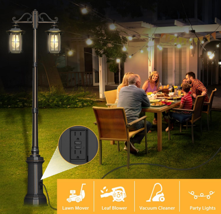Outdoor Lamp Post Light with GFCI Outlet, Dusk to Dawn Waterproof Street Lighting, Waterproof Double Head Anti-Rust Aluminum Lantern Fixture for Backyard Driveway Garden Patio