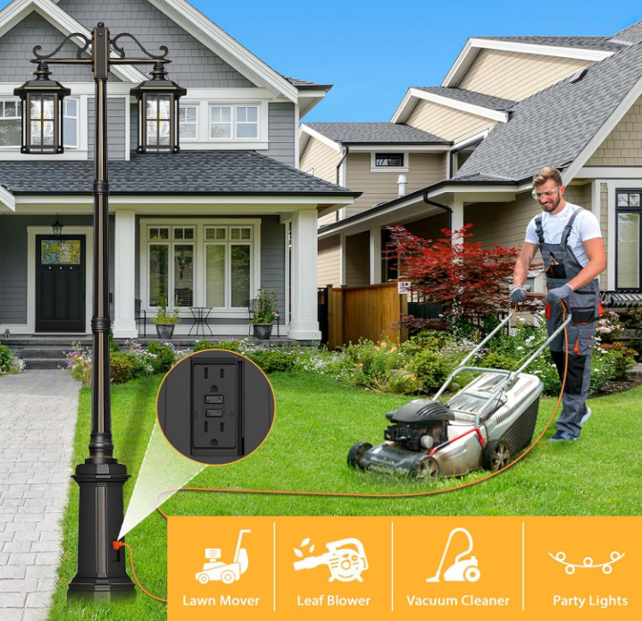 Outdoor Lamp Post Light with GFCI Outlet, Dusk to Dawn Waterproof Street Lighting, Waterproof Double Head Anti-Rust Aluminum Lantern Fixture for Backyard Driveway Garden Patio
