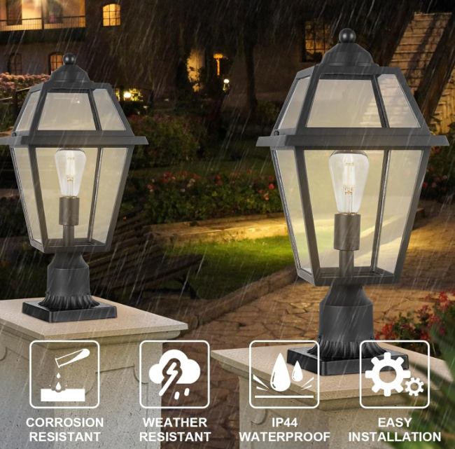 Large Outdoor Post Light Fixture, Colonial Exterior Pillar Lantern with Black Finish & Clear Glass, Vintage Pier Mount Pole Light Lamp for Garden, Backyard, Courtyard, Patio, Pathway, Walkway