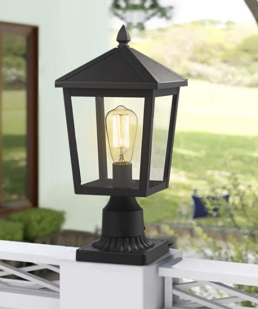 Outdoor Post Light, 16 Inch Exterior Pole Light Pillar Lantern with Clear Glass Shade and Black Finish