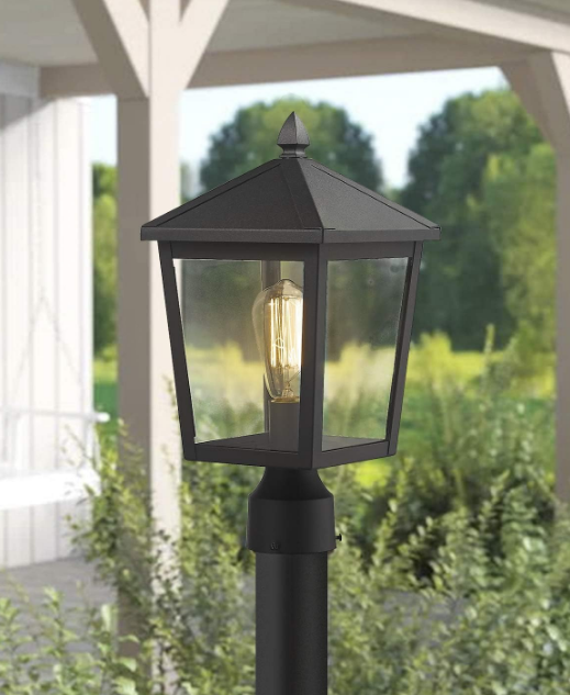 Outdoor Post Light, 16 Inch Exterior Pole Light Pillar Lantern with Clear Glass Shade and Black Finish