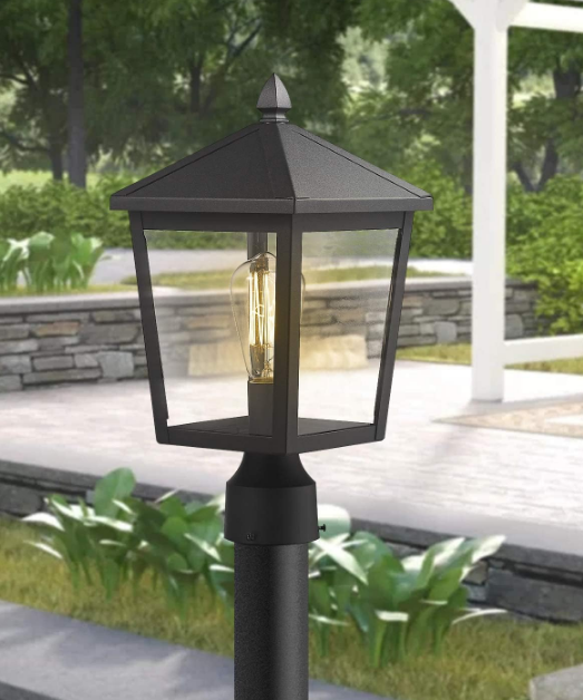 Outdoor Post Light, 16 Inch Exterior Pole Light Pillar Lantern with Clear Glass Shade and Black Finish