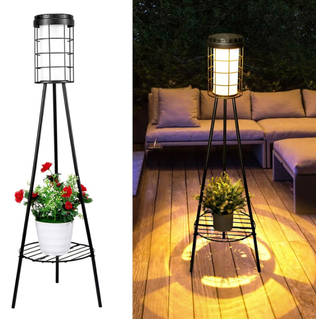Solar Lights Outdoor with Plant Stand, 2 Pack Waterproof Solar Floor Lamps with USB Charging, Solar Powered Metal Flower Shelf Lights Landscape Lighting for Patio Porch Garden Deck Yard Decor