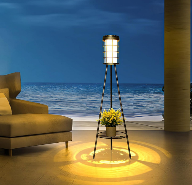 Solar Lights Outdoor with Plant Stand, 2 Pack Waterproof Solar Floor Lamps with USB Charging, Solar Powered Metal Flower Shelf Lights Landscape Lighting for Patio Porch Garden Deck Yard Decor