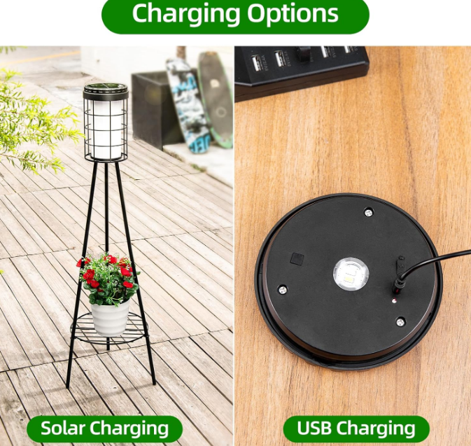 Solar Lights Outdoor with Plant Stand, 2 Pack Waterproof Solar Floor Lamps with USB Charging, Solar Powered Metal Flower Shelf Lights Landscape Lighting for Patio Porch Garden Deck Yard Decor
