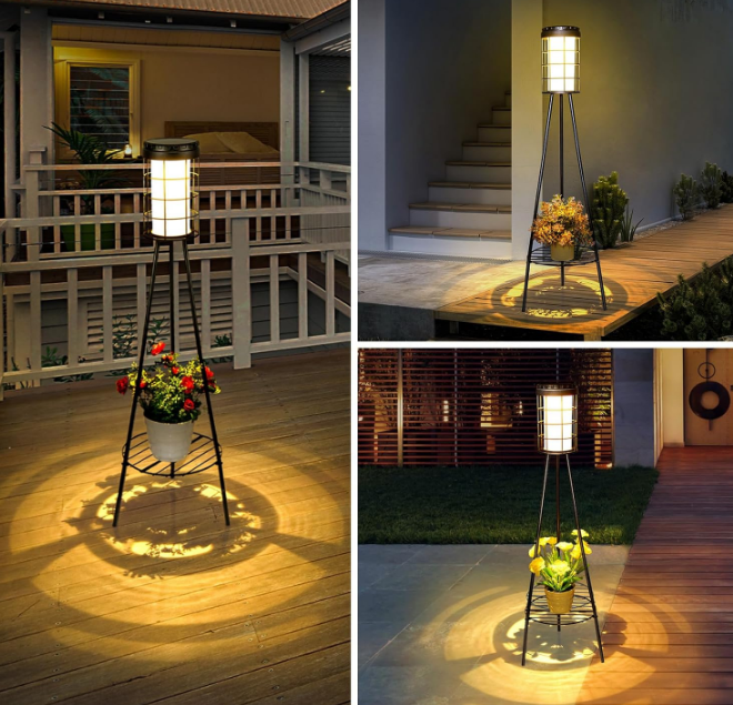 Solar Lights Outdoor with Plant Stand, 2 Pack Waterproof Solar Floor Lamps with USB Charging, Solar Powered Metal Flower Shelf Lights Landscape Lighting for Patio Porch Garden Deck Yard Decor