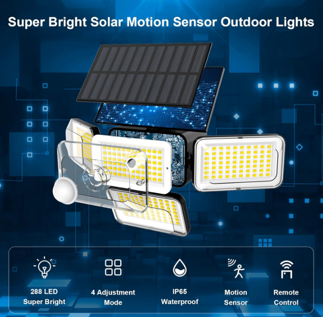 Solar Lights Outdoor, 288 LED 2800LM Solar Motion Sensor Outdoor Lights with Remote Control, 4 Heads lP65 Waterproof Solar Flood Security Lights for Outside Patio Wall -2PACK