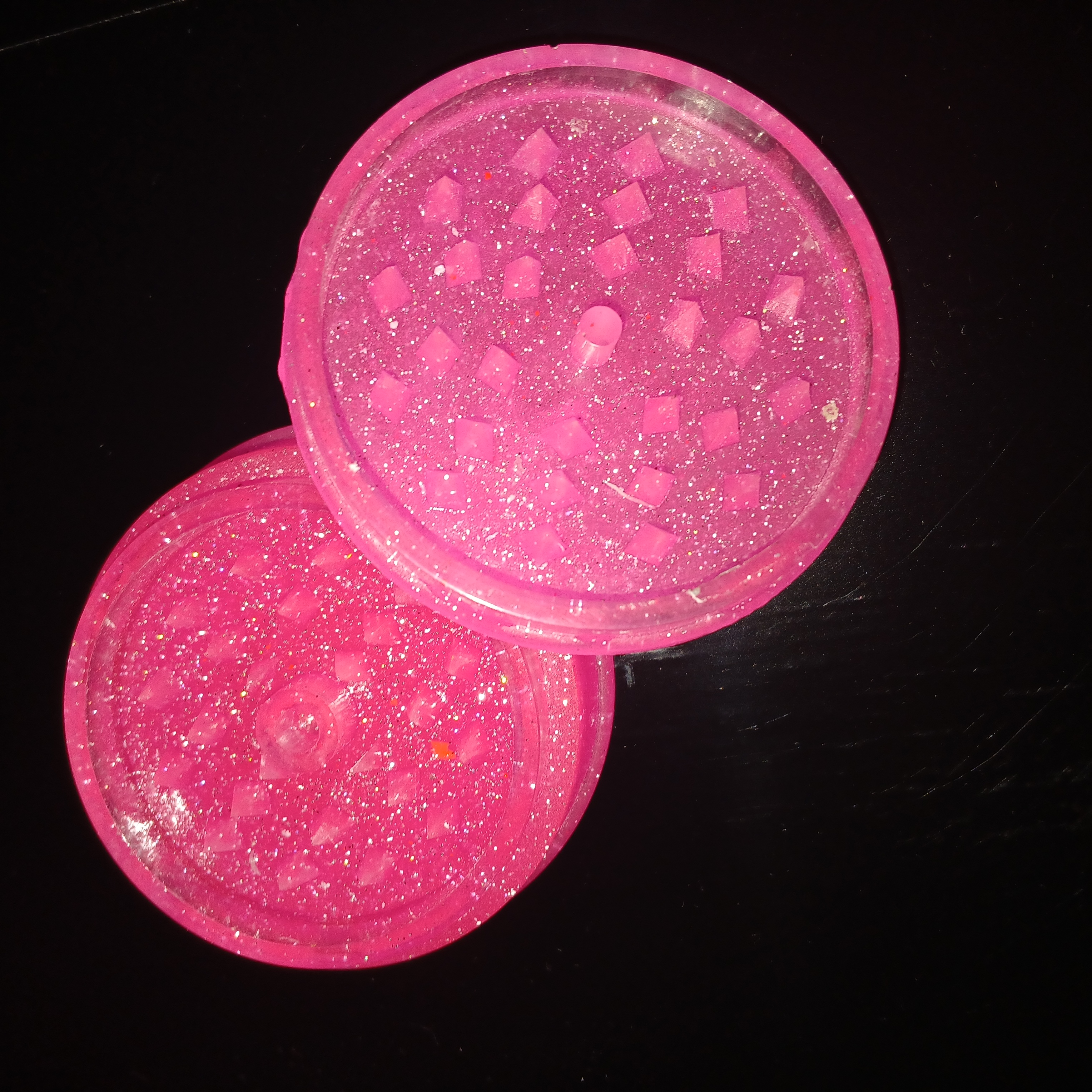 Handmade Epoxy Resin Herb Grinder, Pink and Glitter Color Scheme. Glow in the Dark. One of a Kind Item