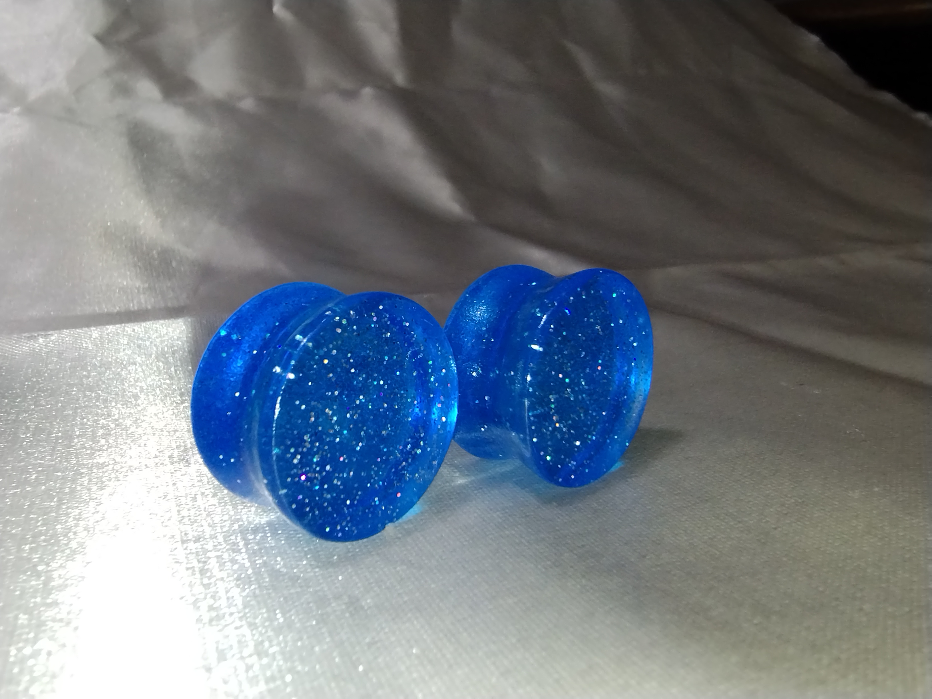 18mm & 12mm Epoxy Resin Plugs Bright Blue with Multi-Colored Glitter 