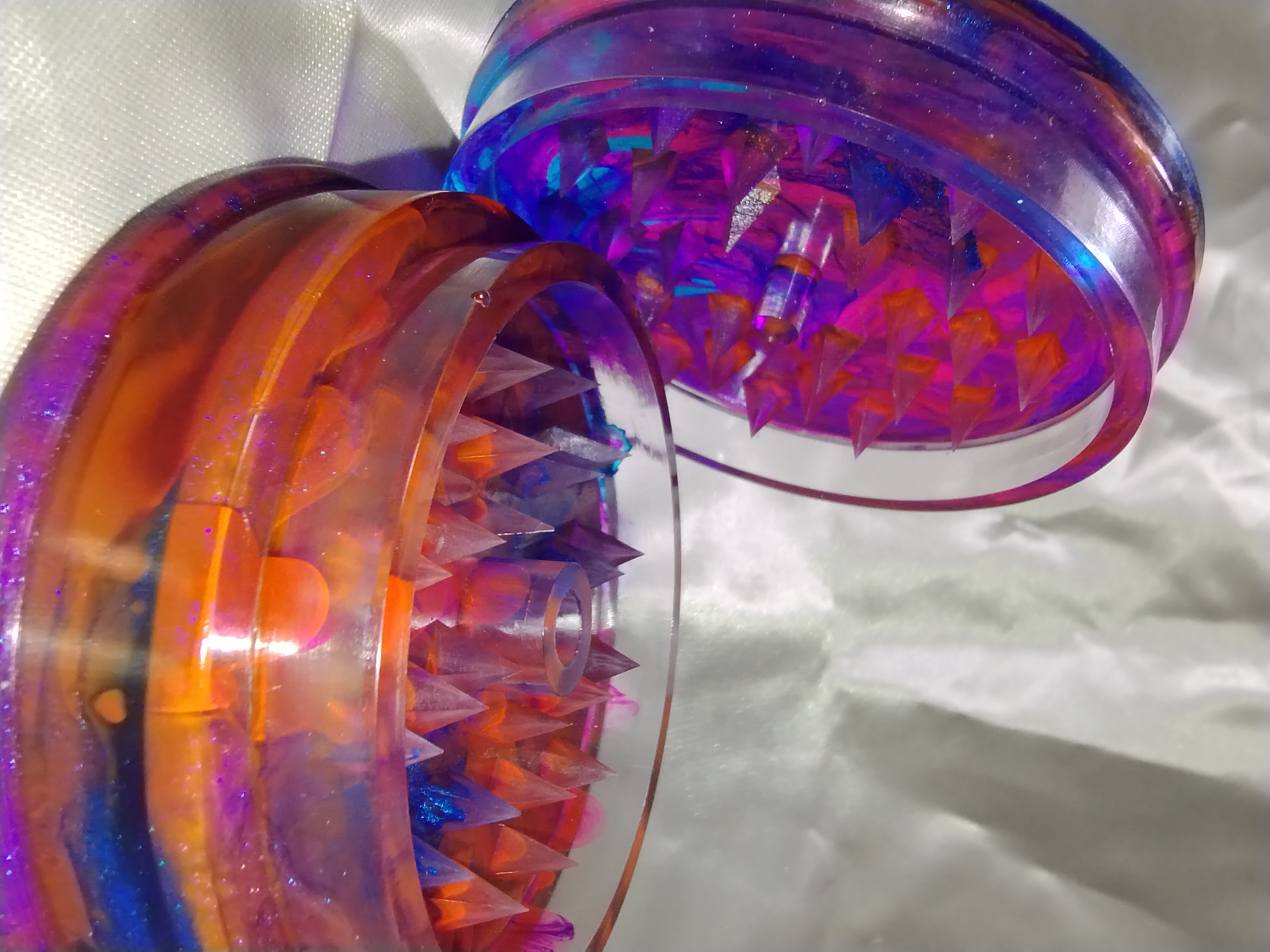 Handmade Epoxy Resin Herb Grinder. Shimmer Blue, Pink, and Orange Alcohol Ink One of a Kind Item