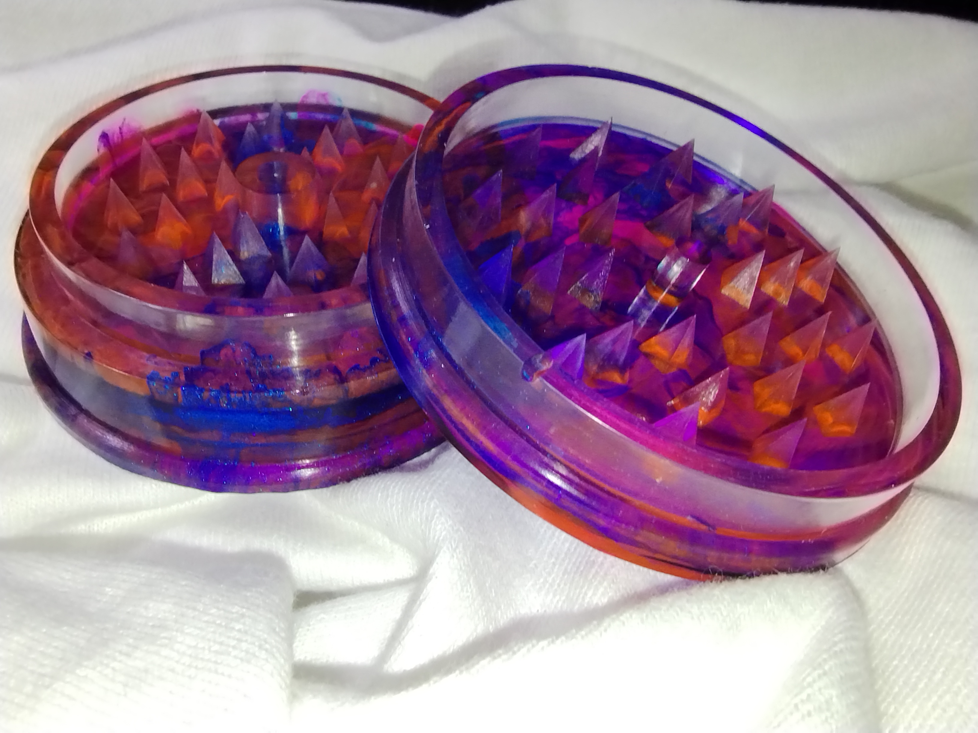 Handmade Epoxy Resin Herb Grinder. Shimmer Blue, Pink, and Orange Alcohol Ink One of a Kind Item