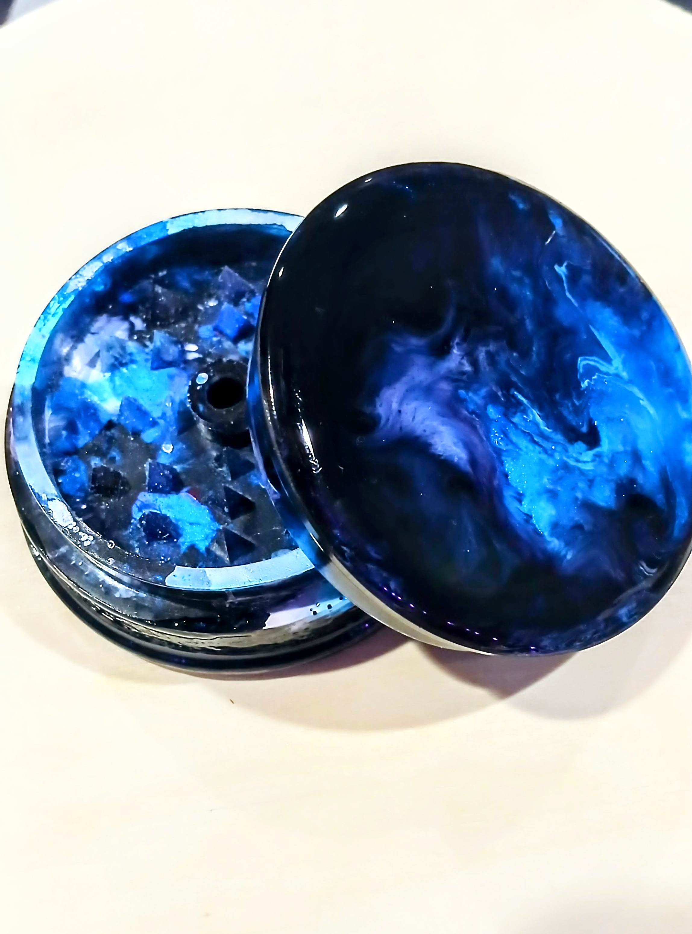 Handmade Epoxy Resin Herb Grinder. Infused with Shimmer Blue, Black, and White Alcohol Ink One of a Kind Item