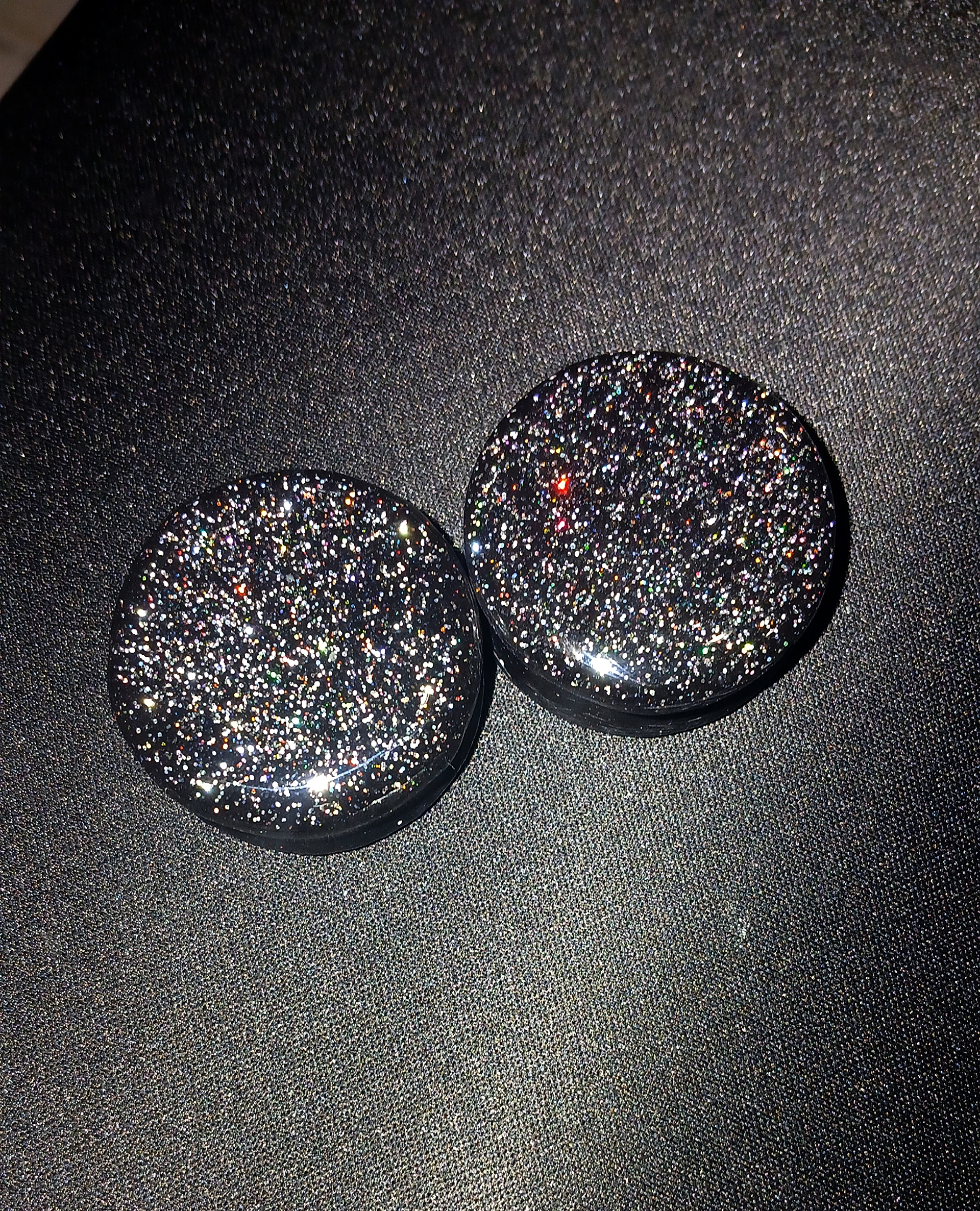 1 1/4th Inch Epoxy resin Ear Plugs, Gauges Double Flared. Black with holographic Glitter