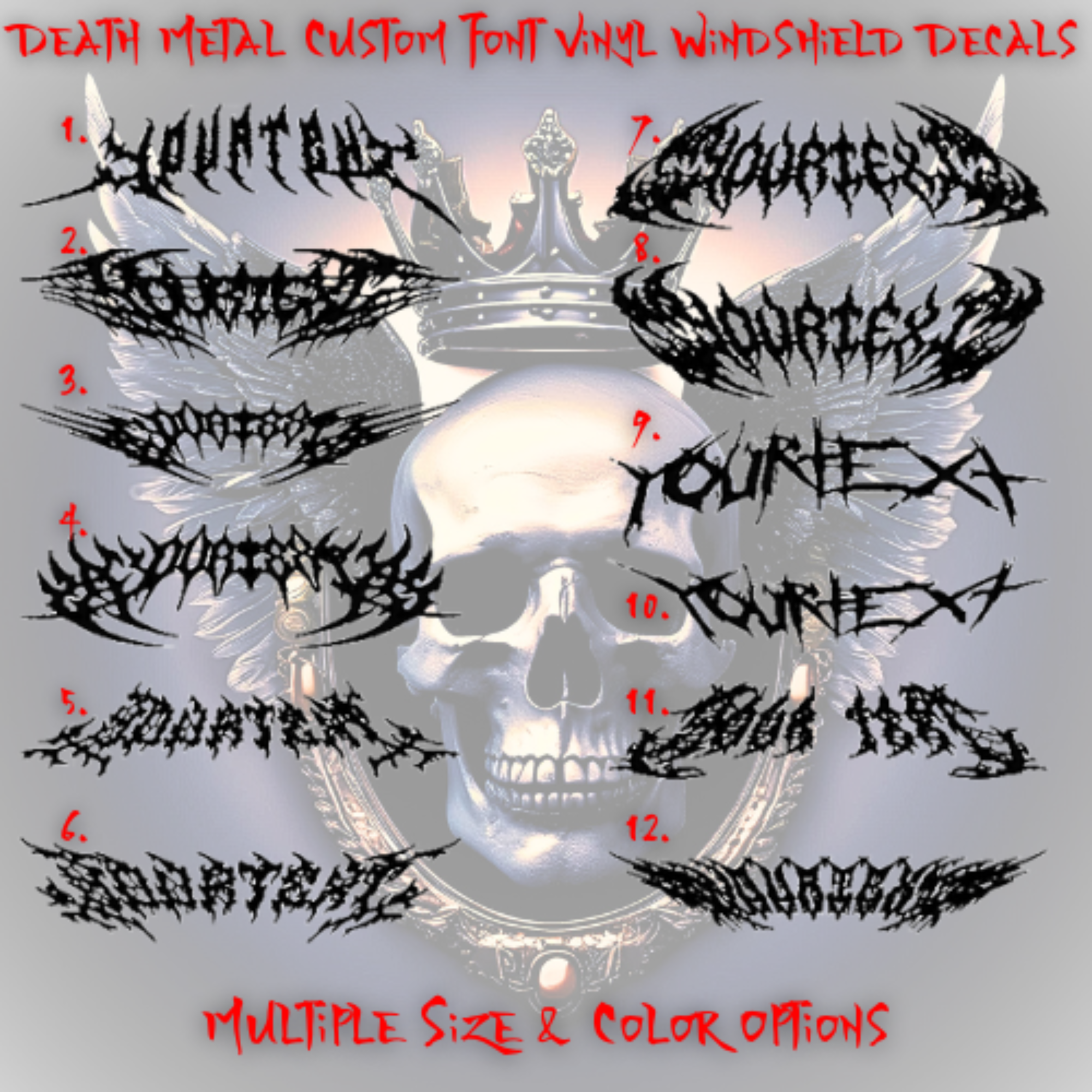 Custom Metal Font Premium Vinyl Windshield Banners. Car Decals, Import, Tuner, Personalized. Choose Font, Text, Color, and Size