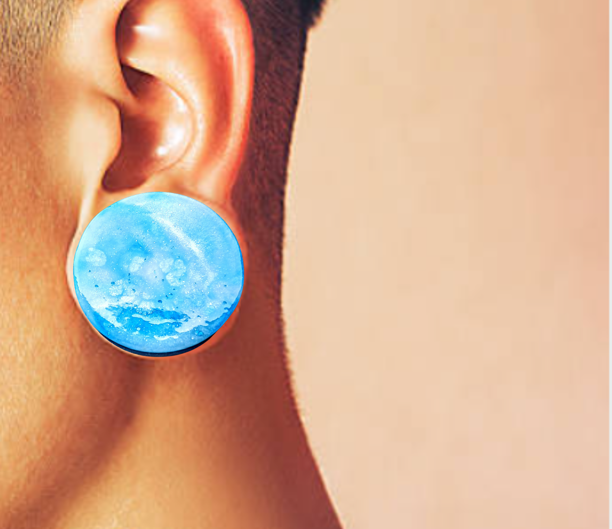 2 inch (51mm) Epoxy Resin Ear Plugs. Light Blue and White, Double Flared, Unique Color Scheme