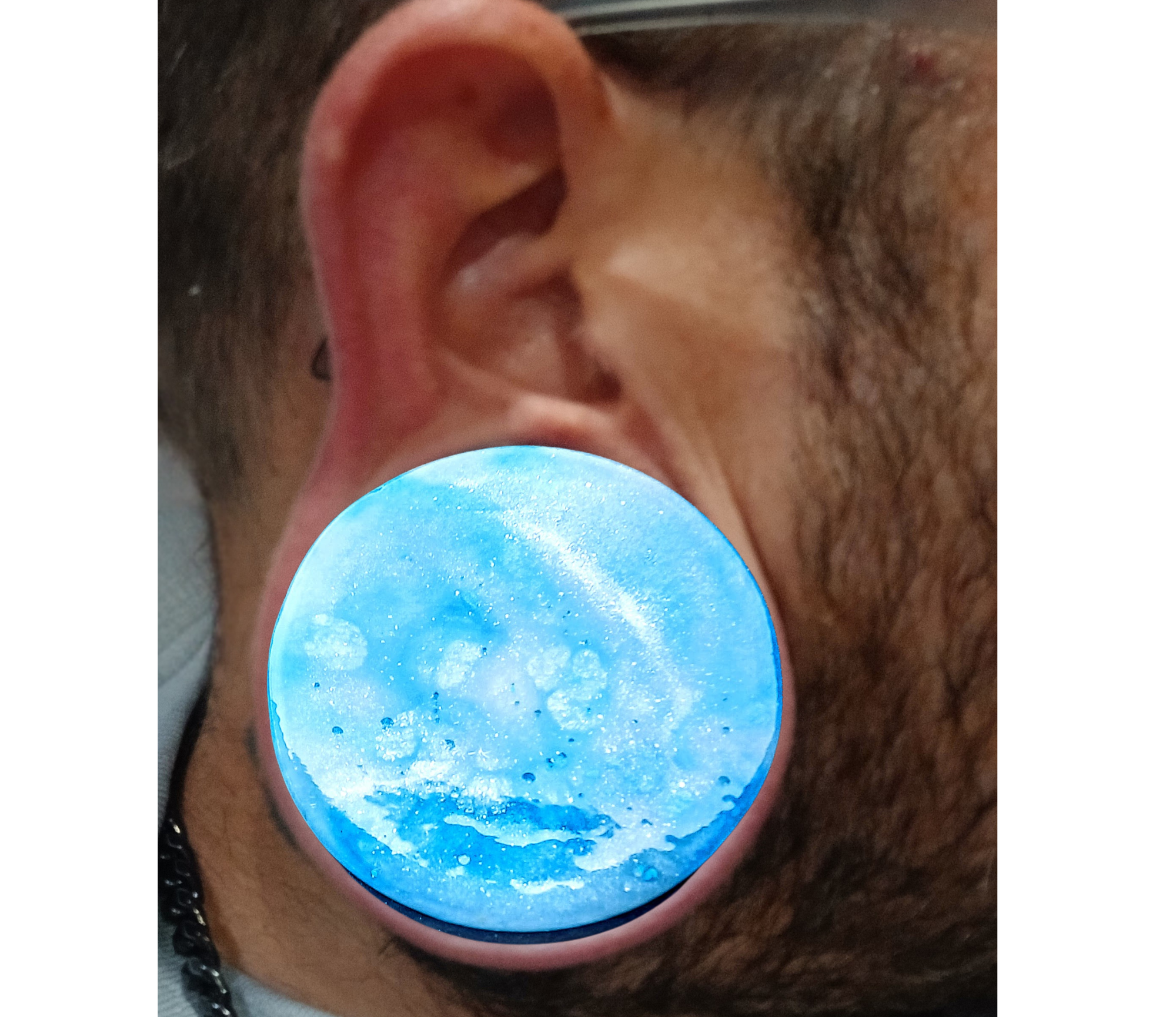 2 inch (51mm) Epoxy Resin Ear Plugs. Light Blue and White, Double Flared, Unique Color Scheme