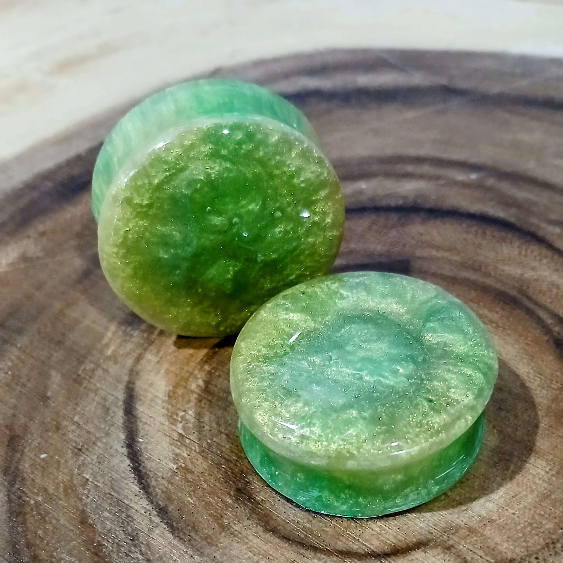 1-1/4 inch | 32mm | Ear Plugs/Tunnels | Body Jewelry | Green & Gold Mica Powder | Ear Stretching