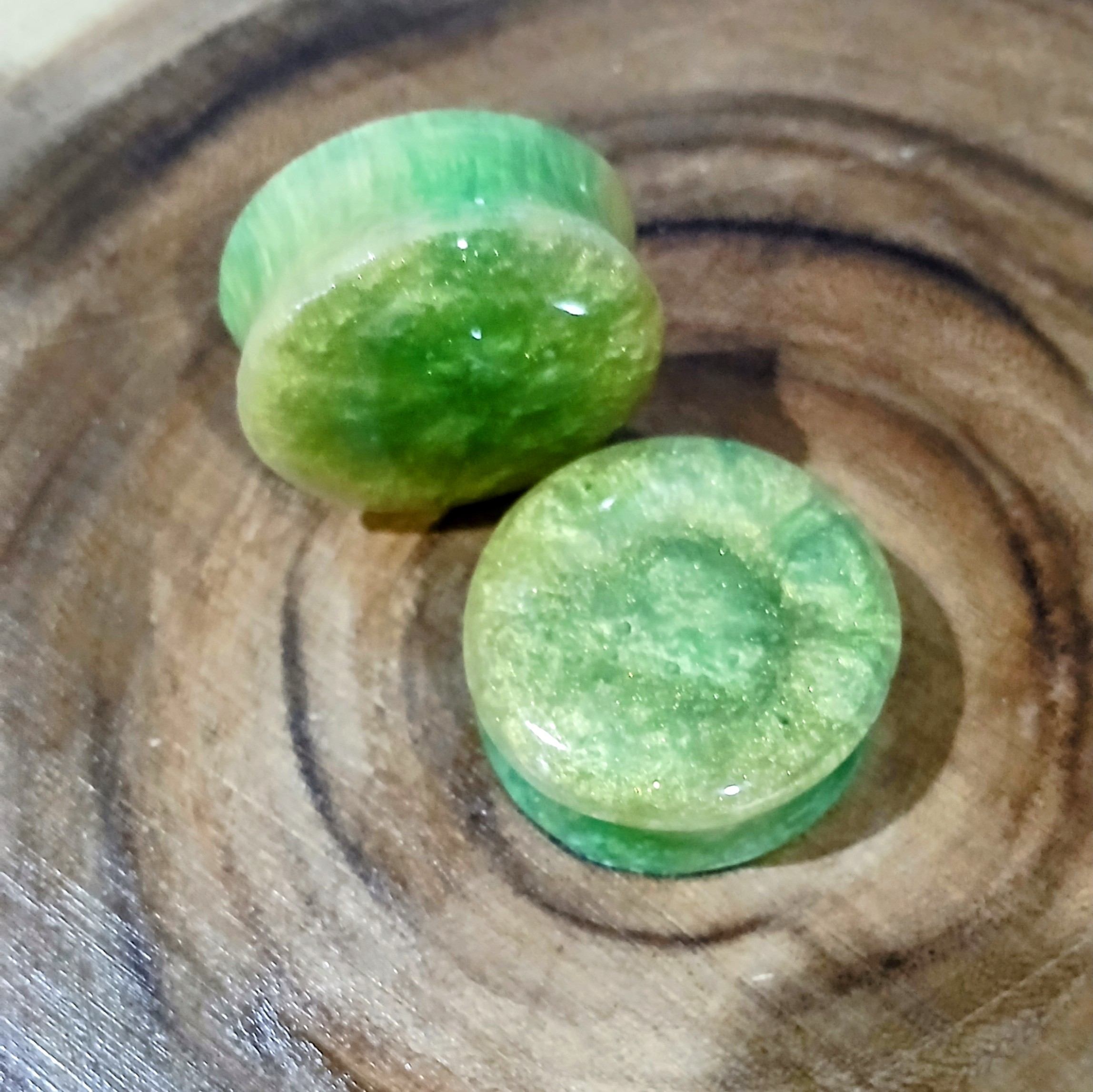 1-1/4 inch | 32mm | Ear Plugs/Tunnels | Body Jewelry | Green & Gold Mica Powder | Ear Stretching