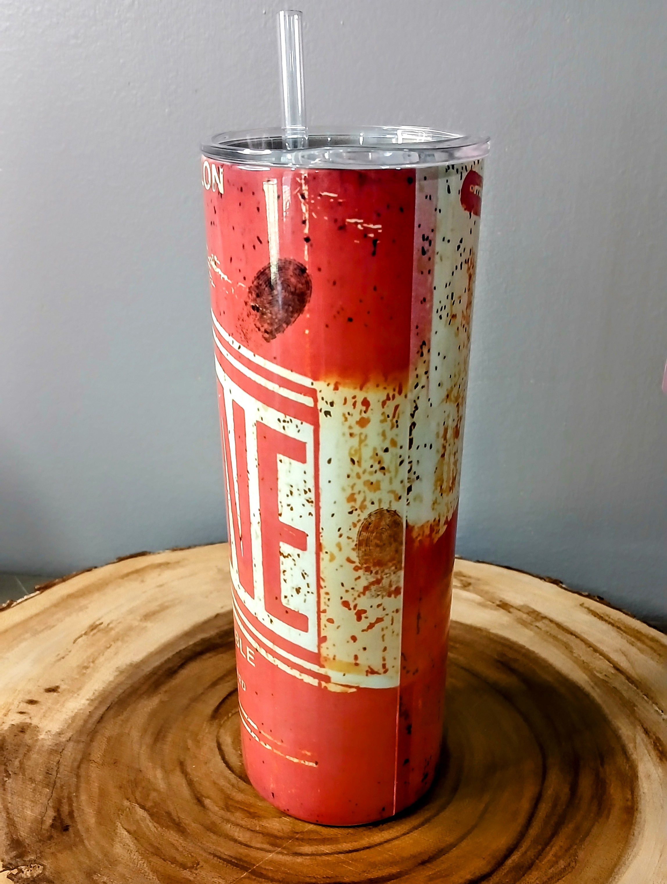 Rusted Gasoline Can Replica | Sublimated 20 oz Skinny Tumbler with Lid and Straw | Double Walled | Stainless Steel