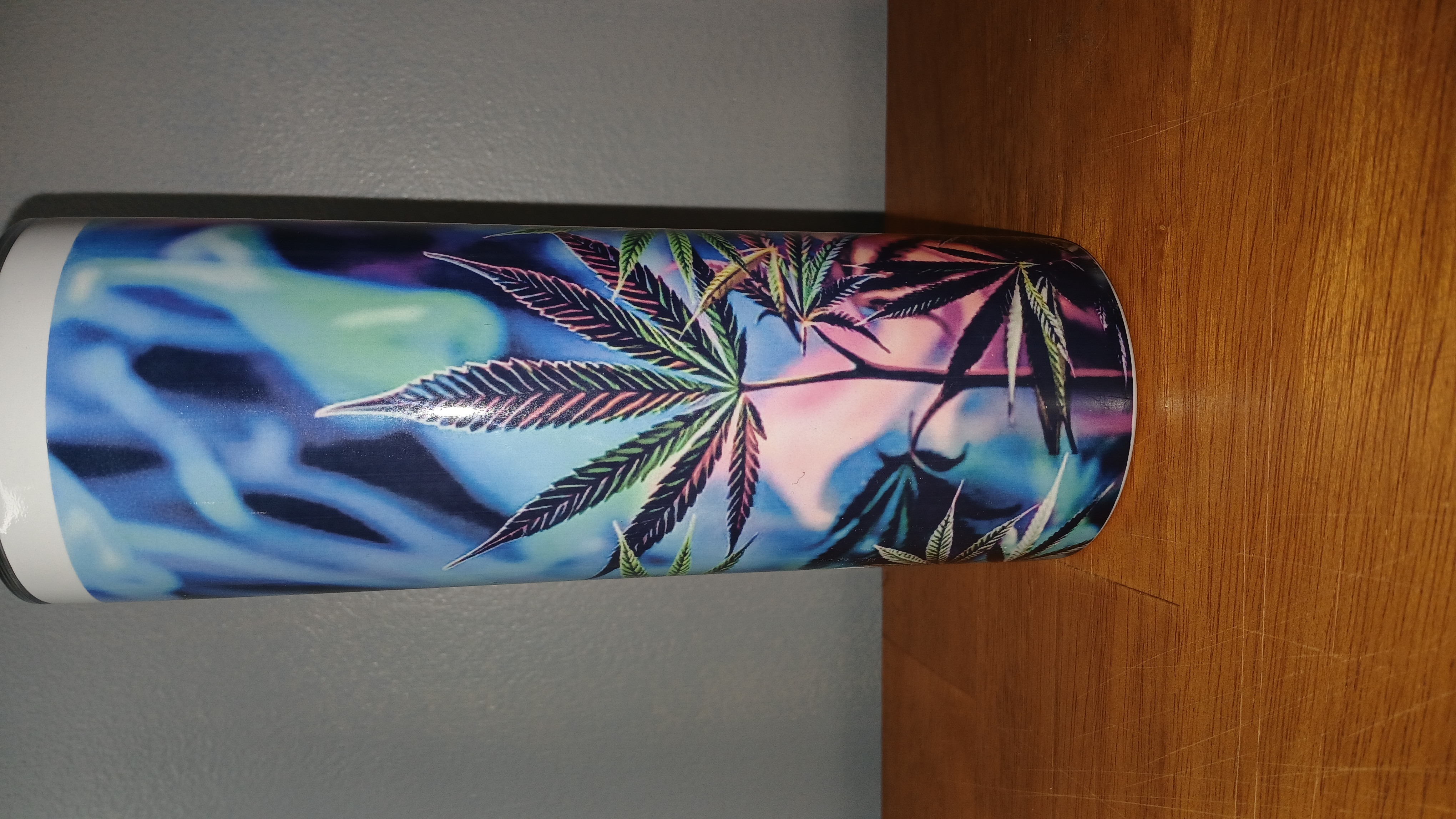 Marijuana Leaf with Colorful Smoke Background | Sublimated 20 oz Skinny Tumbler with Lid and Straw | Double Walled | Stainless Steel