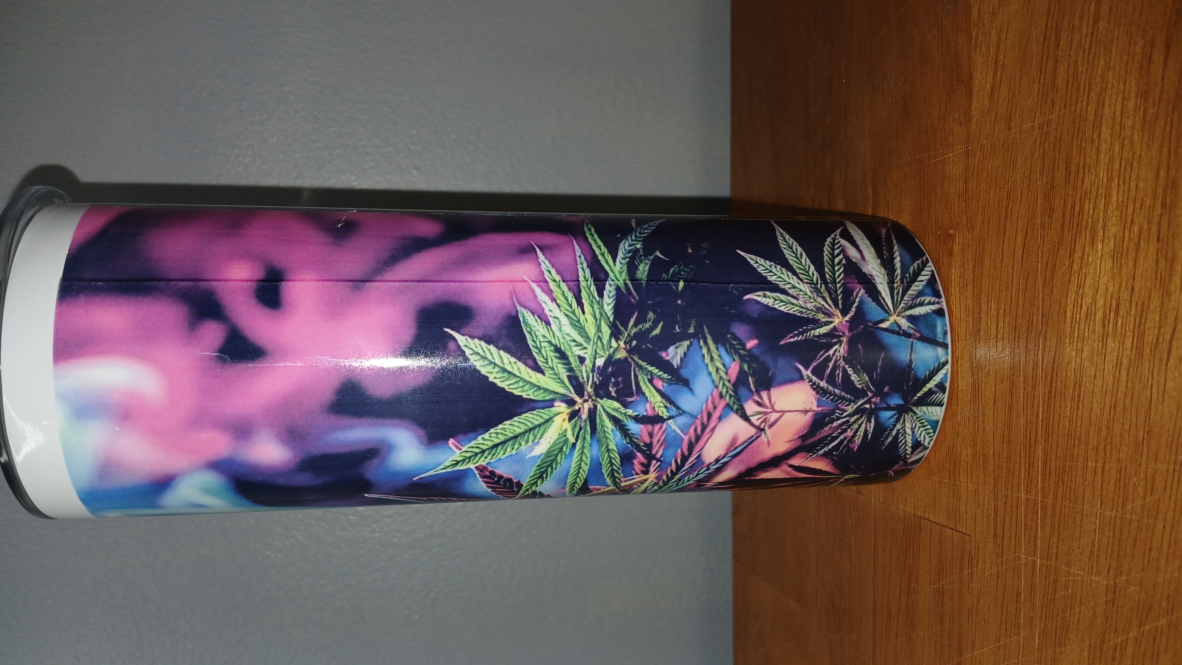 Marijuana Leaf with Colorful Smoke Background | Sublimated 20 oz Skinny Tumbler with Lid and Straw | Double Walled | Stainless Steel