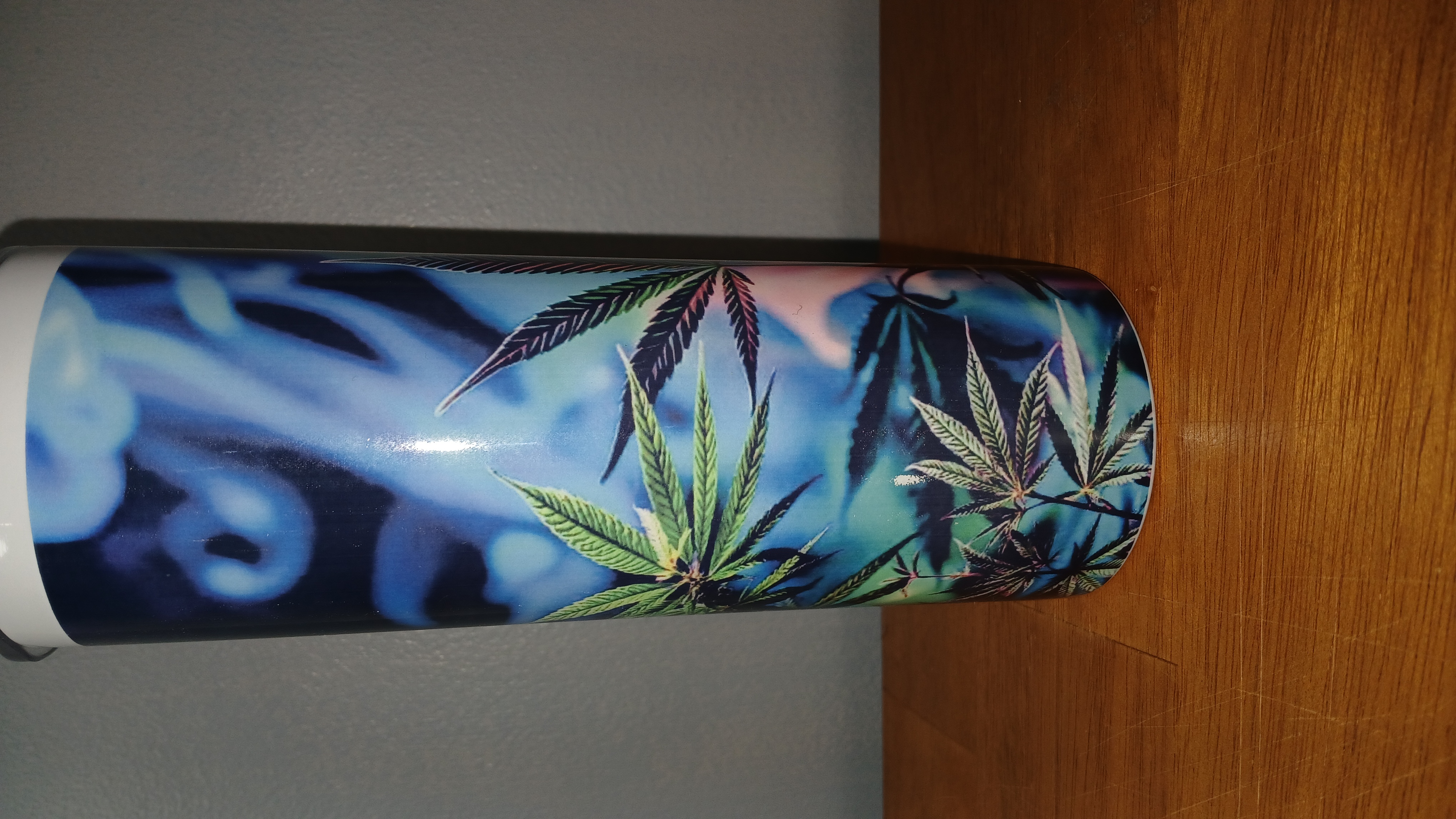Marijuana Leaf with Colorful Smoke Background | Sublimated 20 oz Skinny Tumbler with Lid and Straw | Double Walled | Stainless Steel