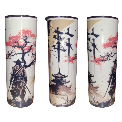 Japanese Samurai Cherry Blossom Sublimation 20oz Skinny Stainless Steel Tumbler