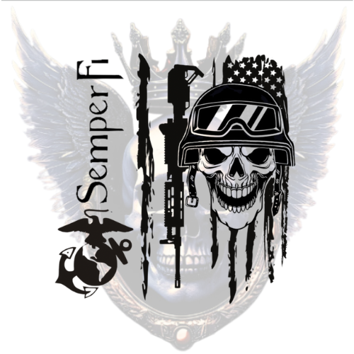 Semper Fi Premium Vinyl Decal, Marines, Soldier Skull, Tattered Flag