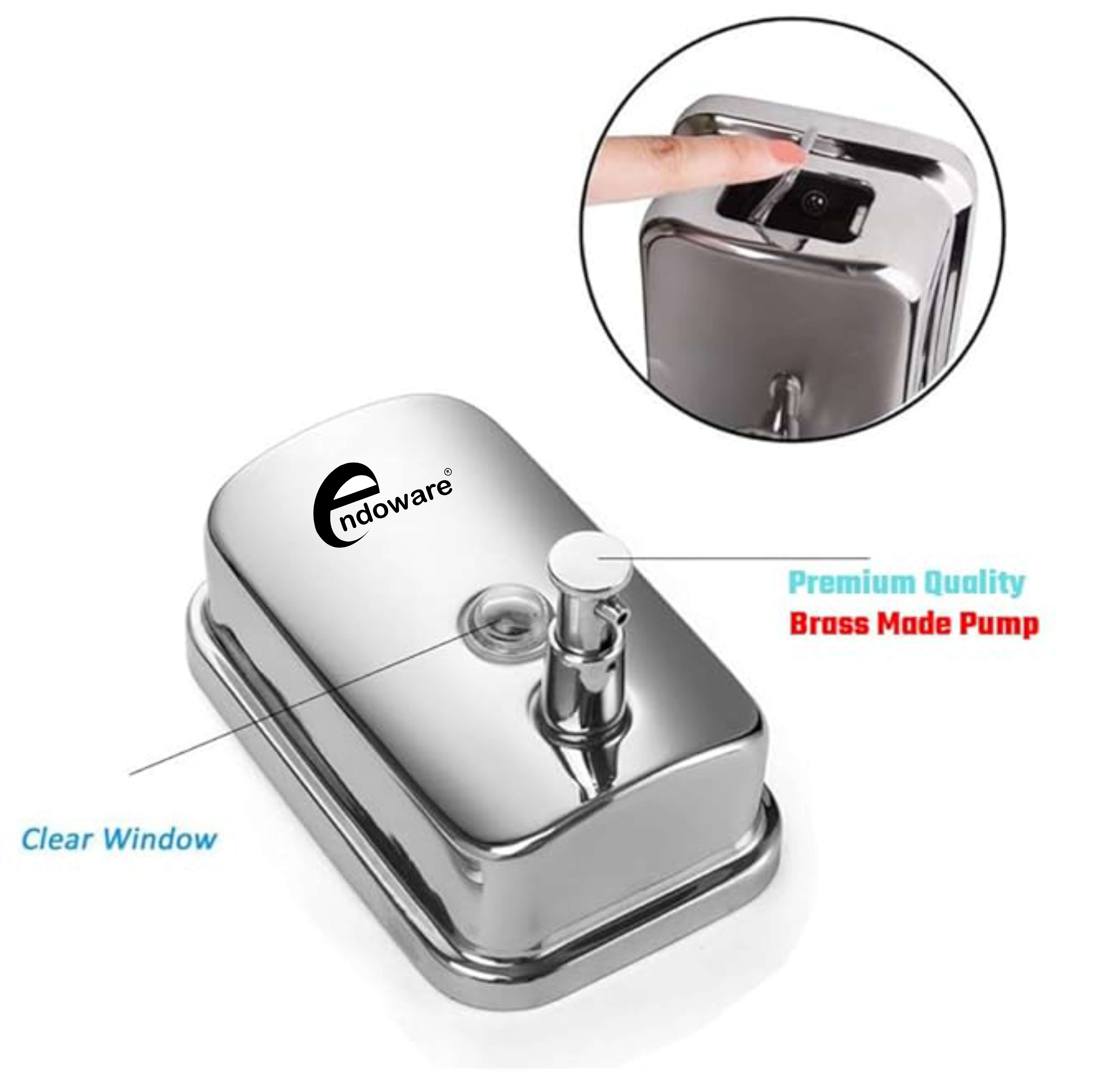 Endoware Wall Mounted Stainless Steel Dispenser with Brass Pump – 1000 ML, Chrome Plated for Liquid Soap, Shampoo, Lotion, Handwash & Gel