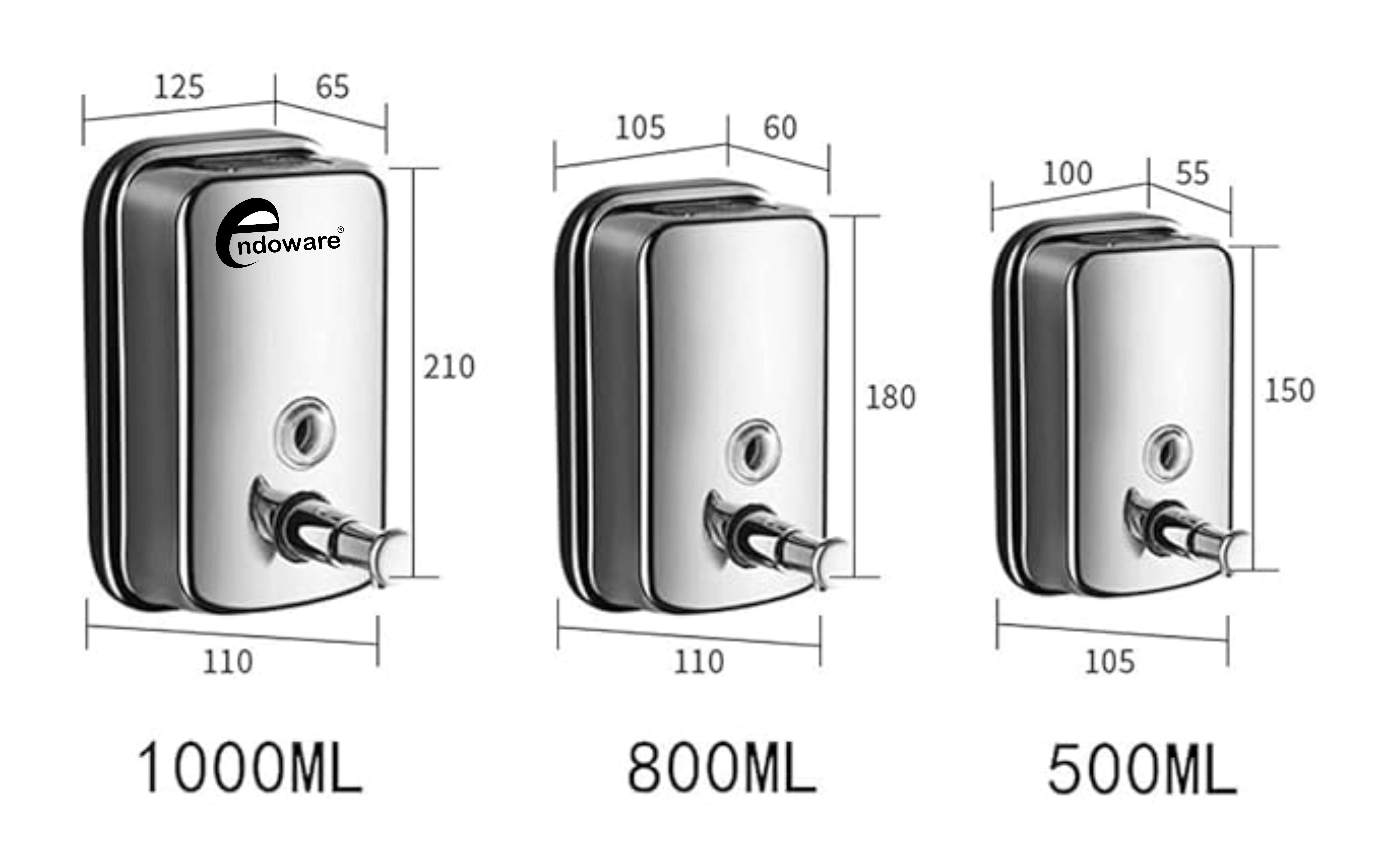 Endoware Wall Mounted Stainless Steel Dispenser with Brass Pump – 1000 ML, Chrome Plated for Liquid Soap, Shampoo, Lotion, Handwash & Gel