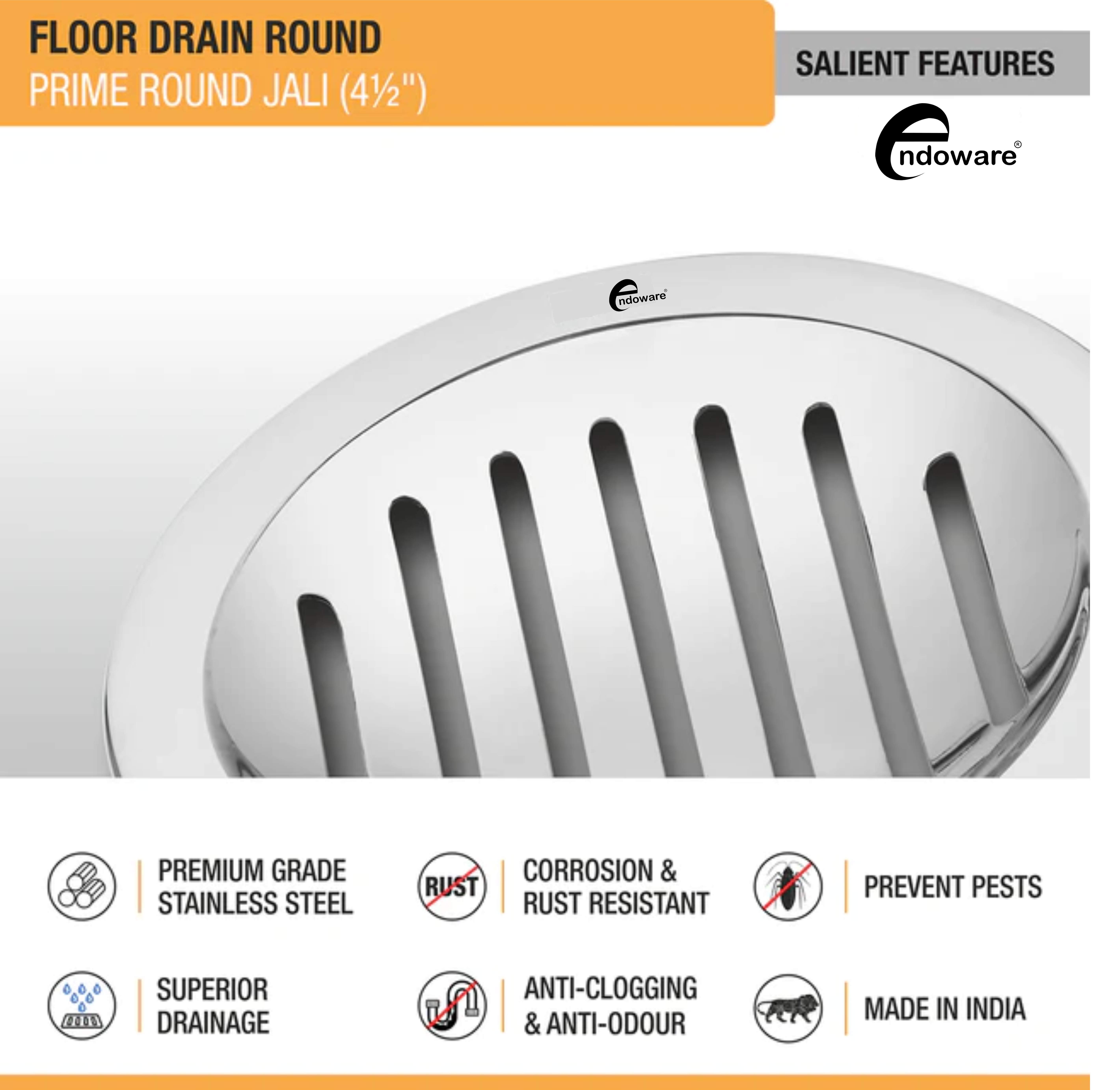 Prime Round Jali Floor Drain (4½ Inches) - Pack of 4 | Durable Stainless Steel Drain for Kitchens, Bathrooms & Utility Areas - Endoware