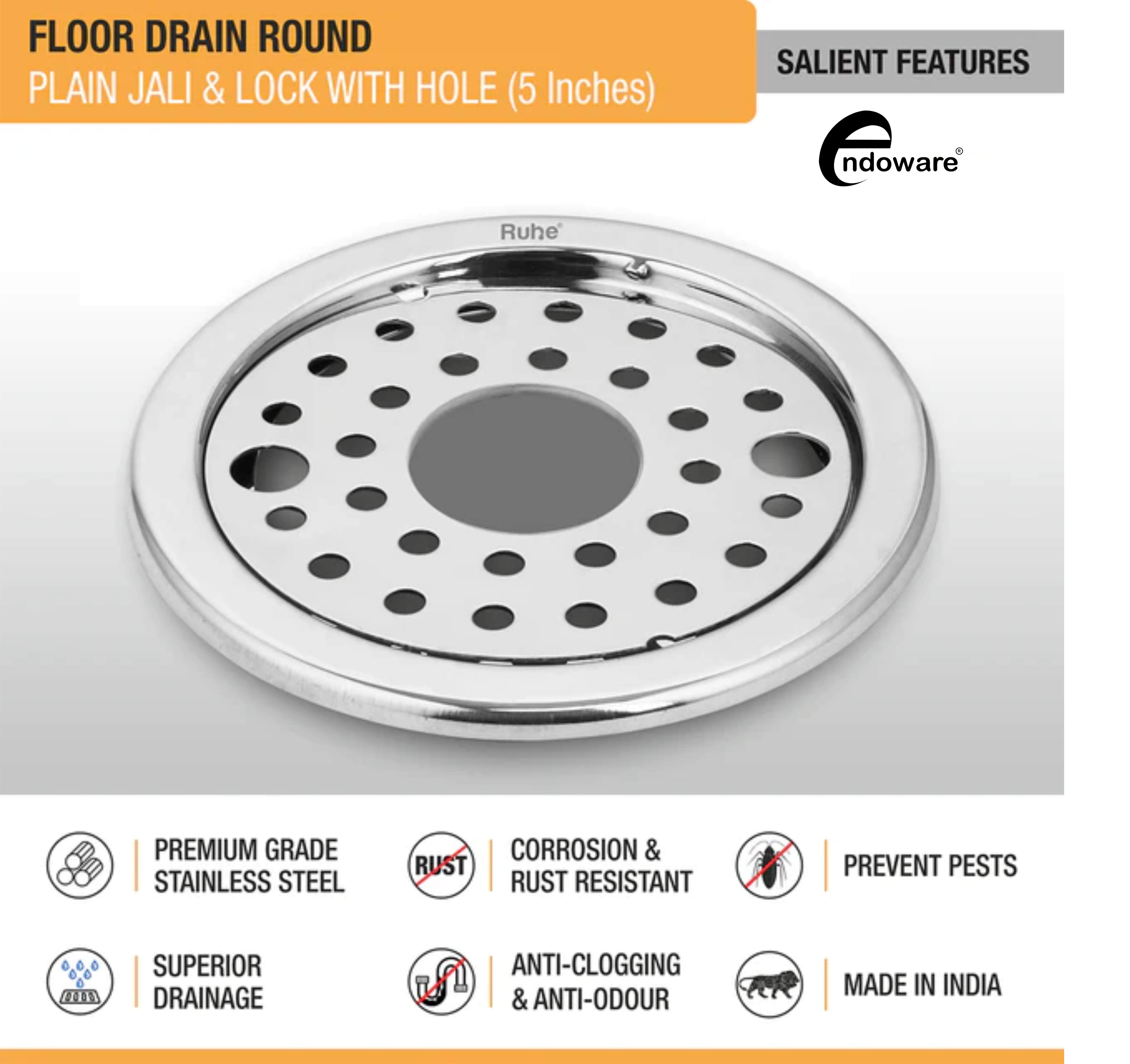 Round Floor Drain (5 Inches) with Lock & Hole - Pack of 2 | Durable Stainless Steel Jali Drain for Bathrooms & Kitchens
