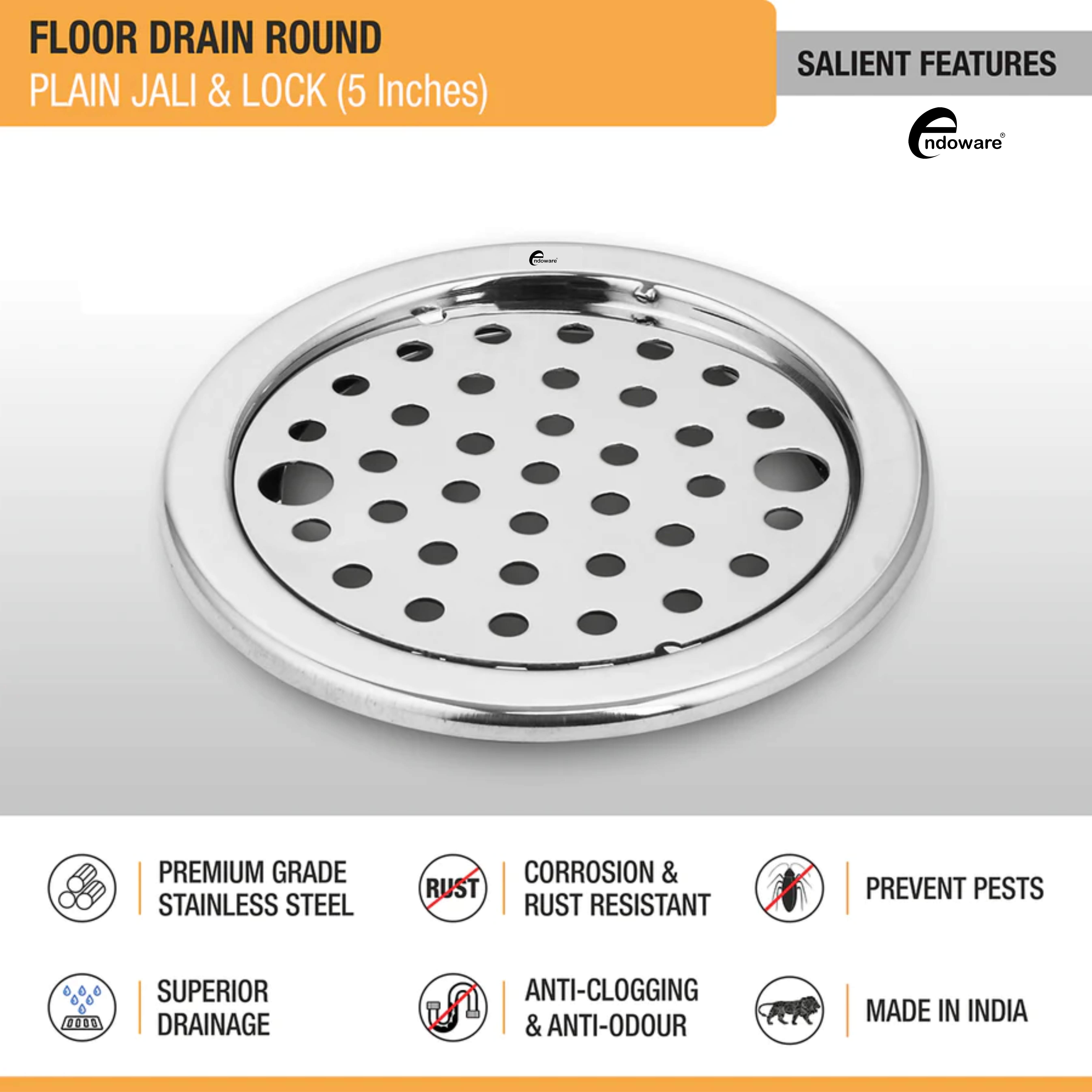 Endoware - Plain Jali 5-Inch Round Floor Drain with Lock (Set of 2) – Ideal for Kitchens & Bathrooms