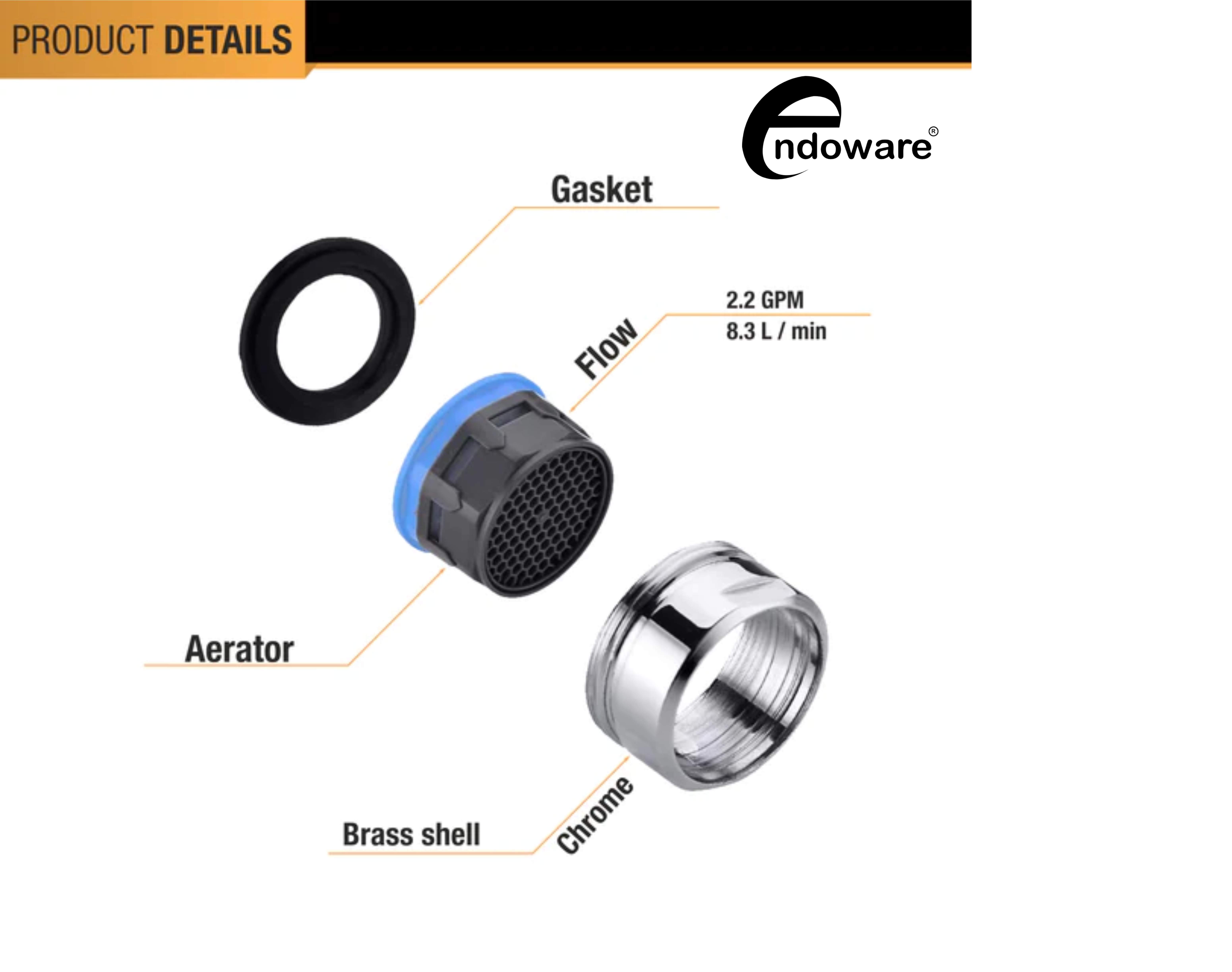 ENDOWARE Premium Foam Flow Aerator with Brass Permix (Male) – 4 Pack, Optimized for High Flow