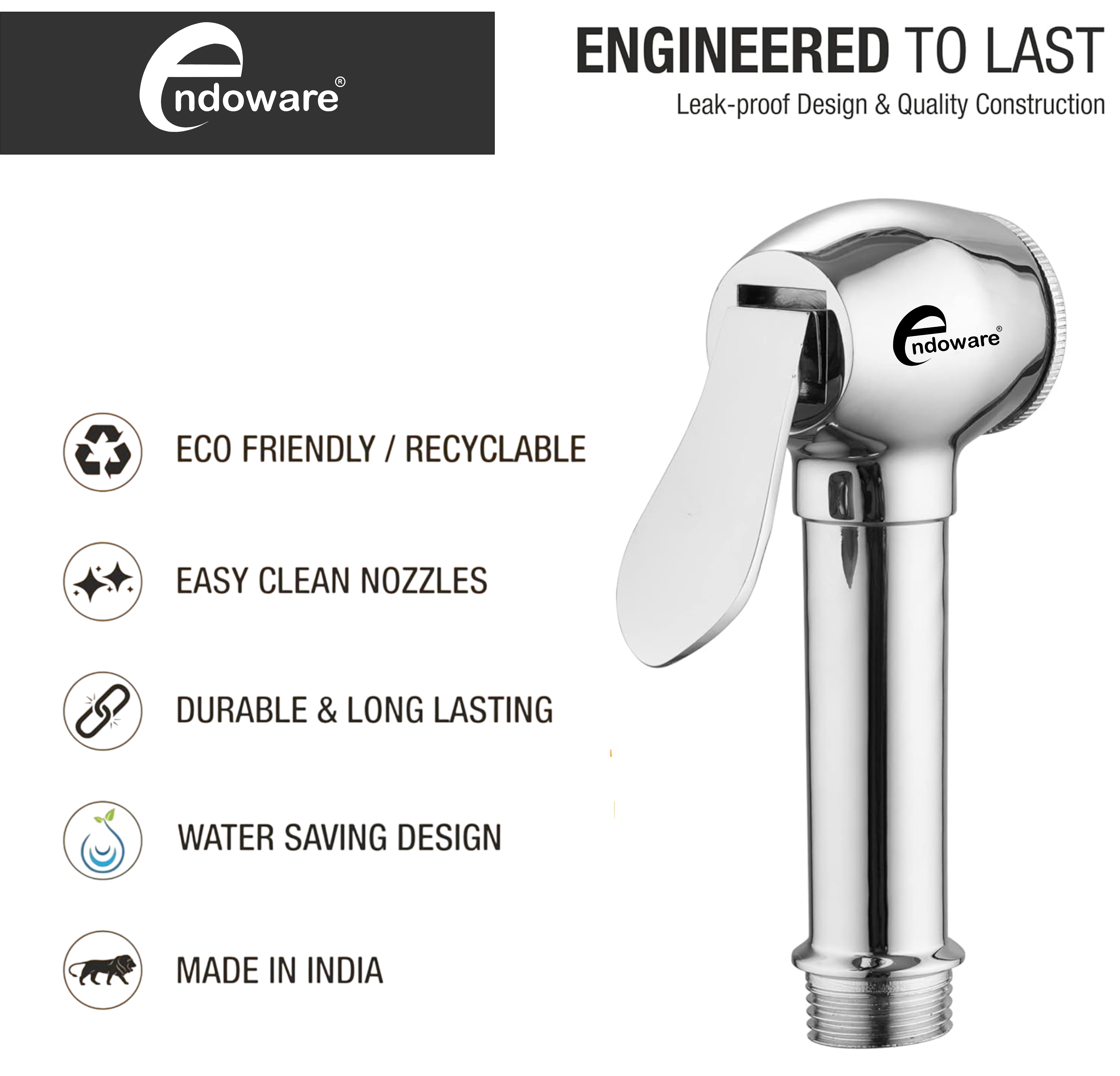 Endoware Dolphin Brass Handheld Showerhead with Flexible Hose, Wall Hook