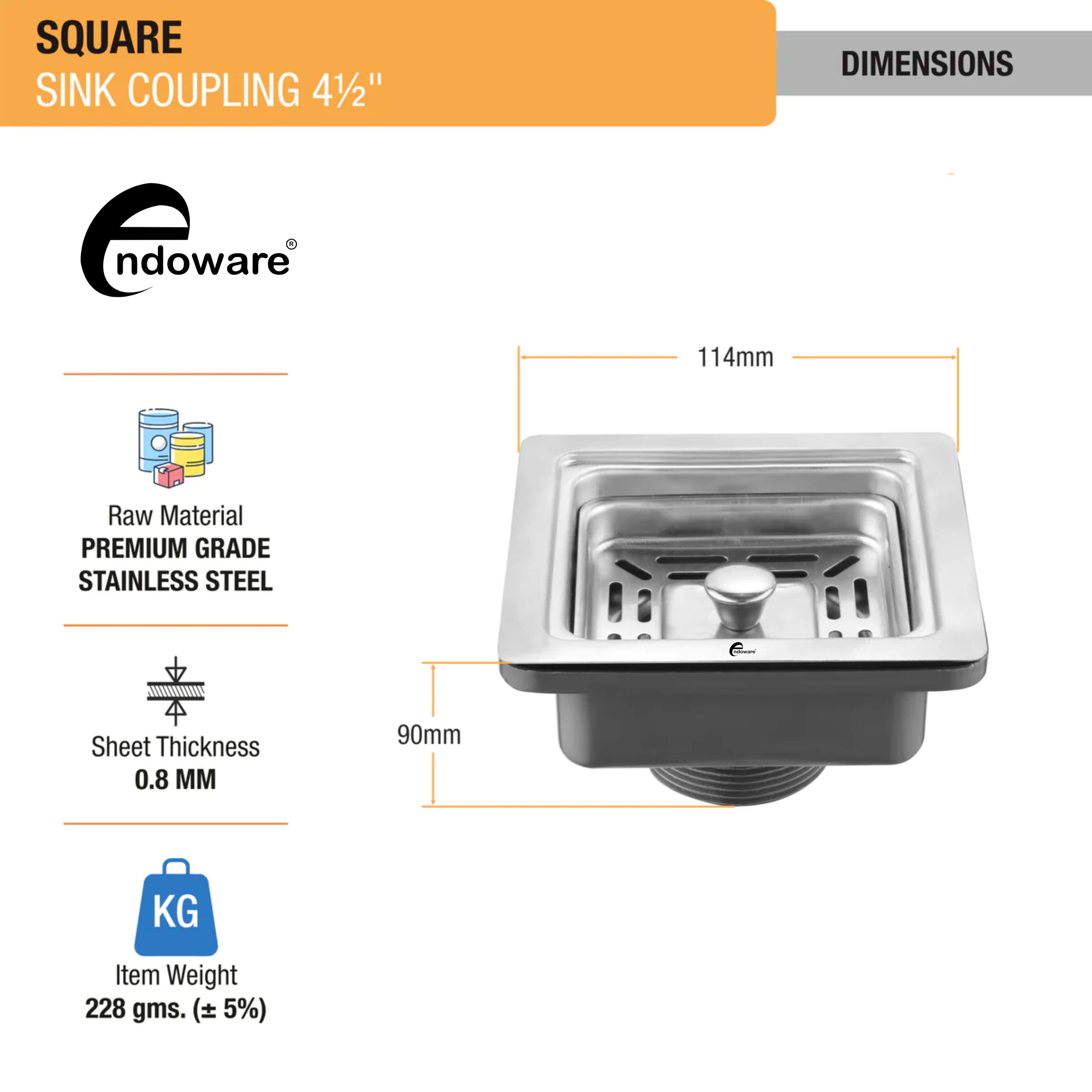  Endoware - Square Sink Drain Coupling (4½ Inches) | Heavy Duty Connector for Kitchen and Bathroom Sinks