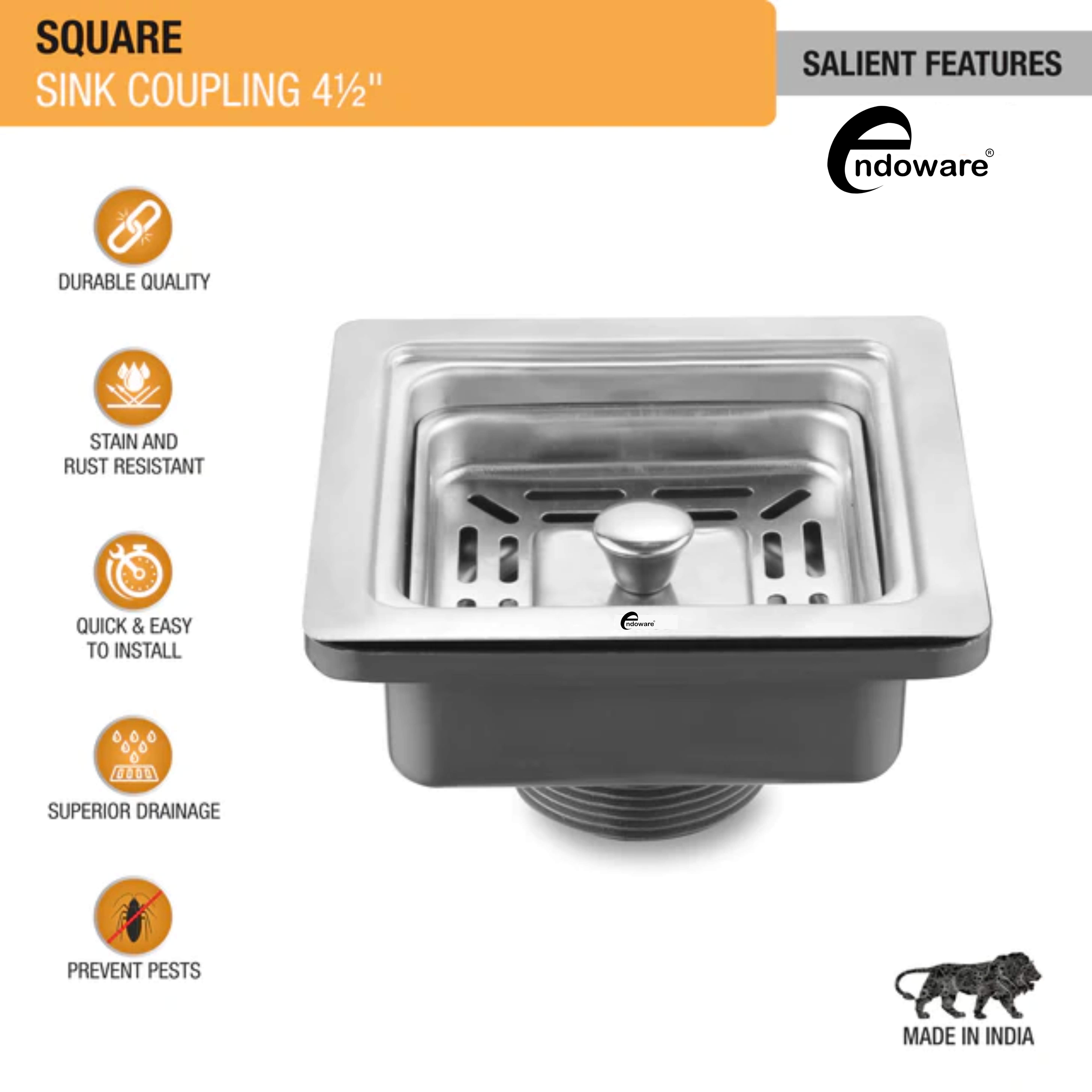  Endoware - Square Sink Drain Coupling (4½ Inches) | Heavy Duty Connector for Kitchen and Bathroom Sinks