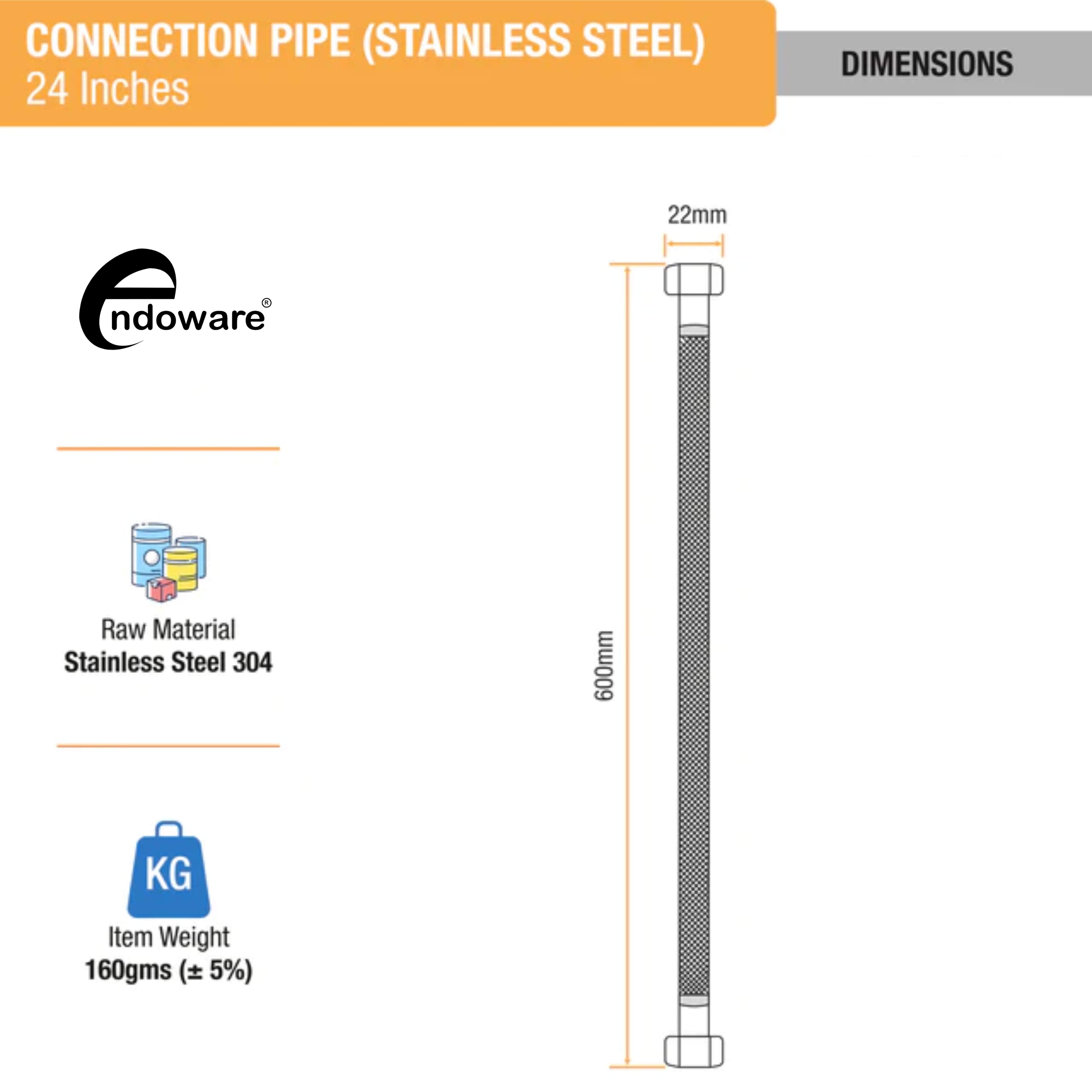 Endoware 304 Grade Stainless Steel Geyser Connection Pipe - 24" (Set of 2)