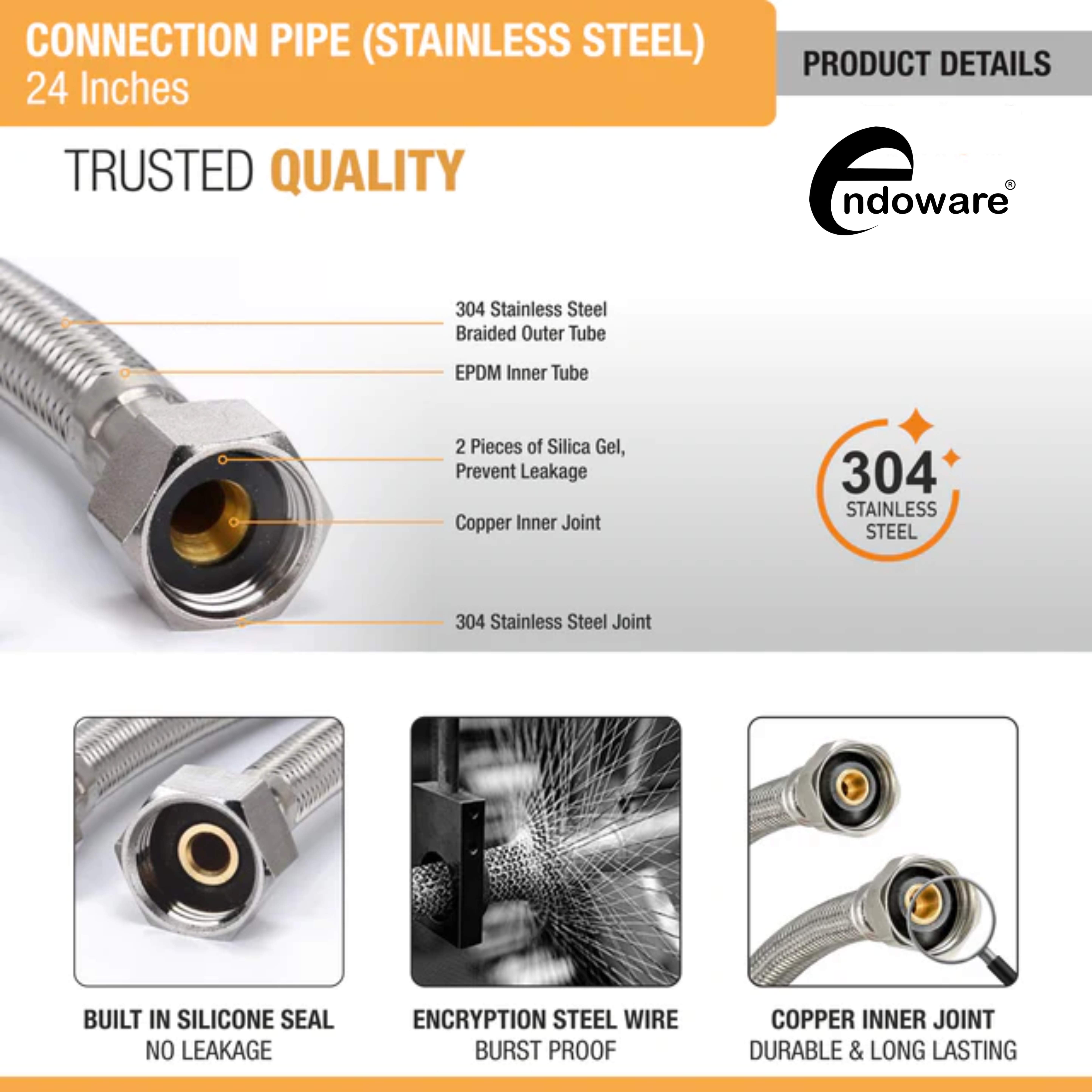 Endoware 304 Grade Stainless Steel Geyser Connection Pipe - 24" (Set of 2)
