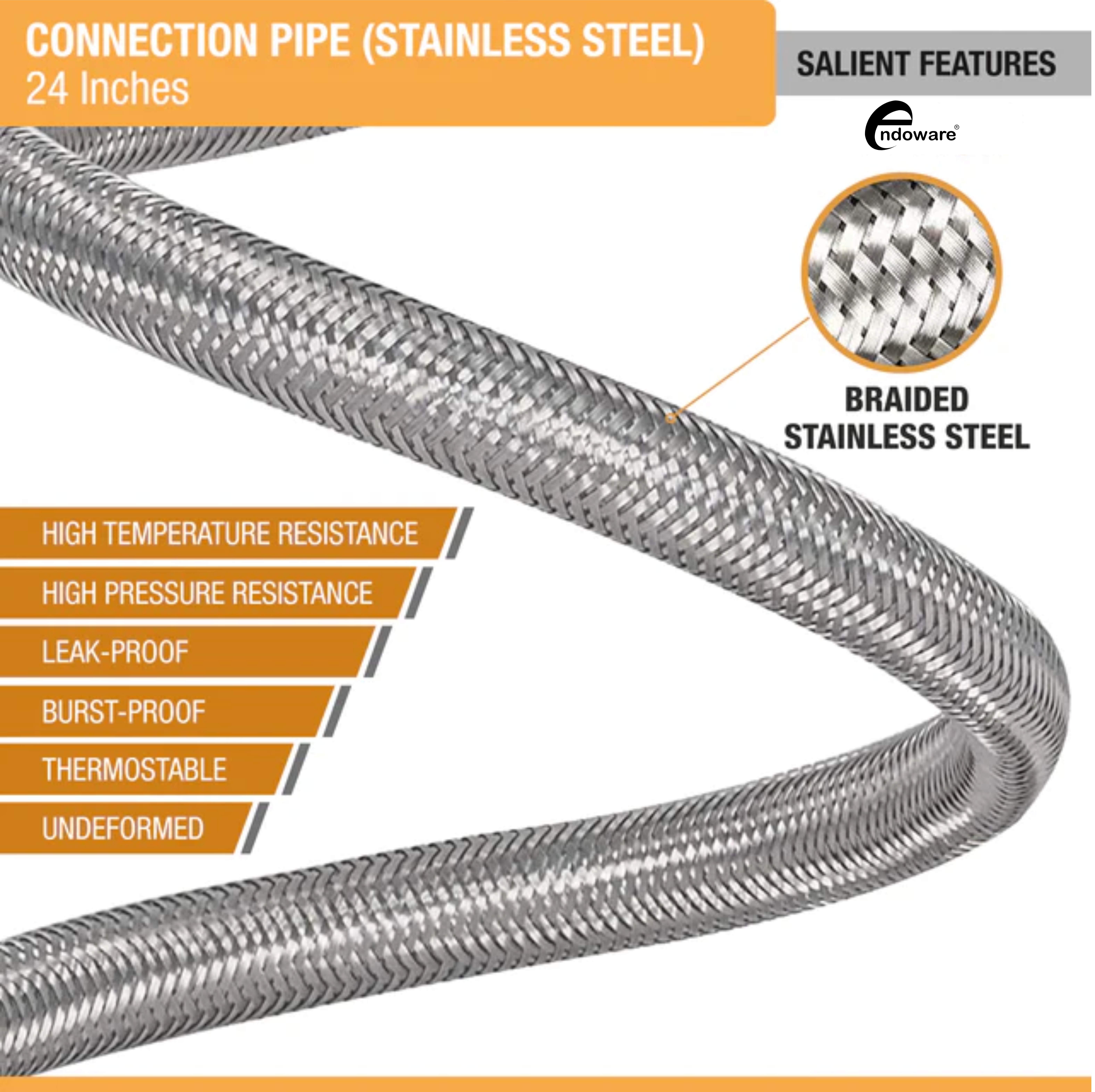 Endoware 304 Grade Stainless Steel Geyser Connection Pipe - 24" (Set of 2)