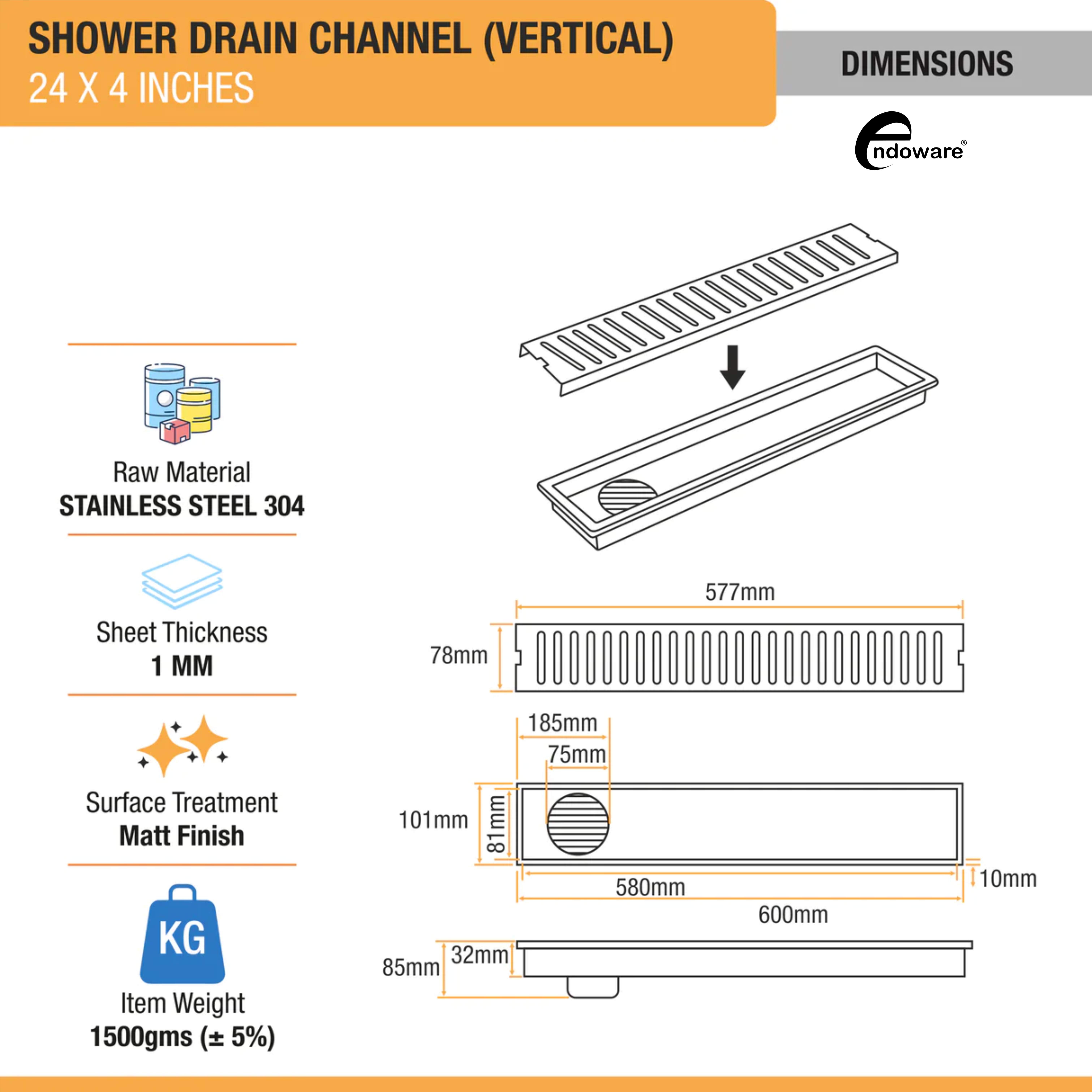 Endoware Vertical Shower Drain Channel (24 x 4 Inches) with Cockroach Trap - 304 Grade Stainless Steel