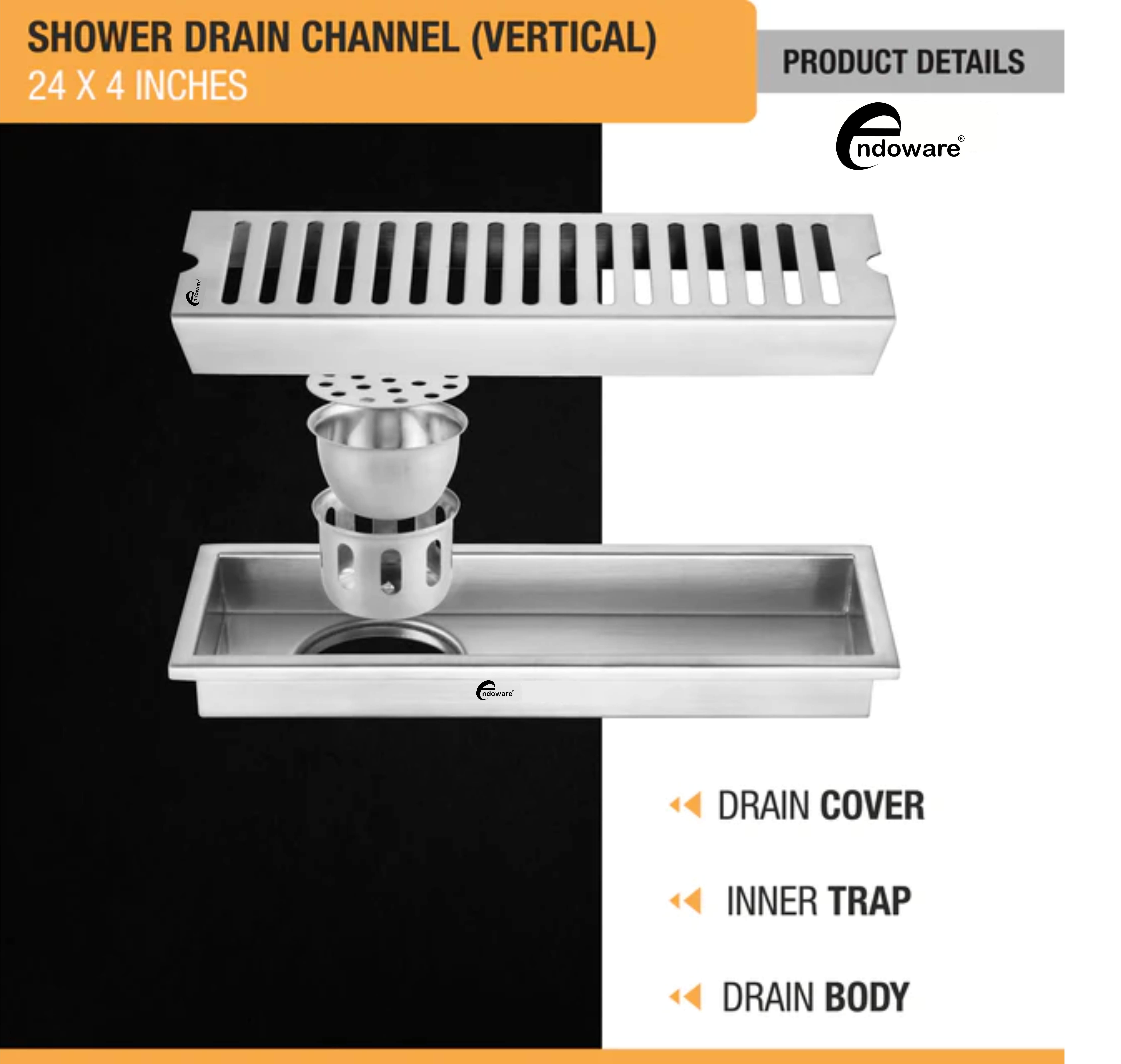 Endoware Vertical Shower Drain Channel (24 x 4 Inches) with Cockroach Trap - 304 Grade Stainless Steel