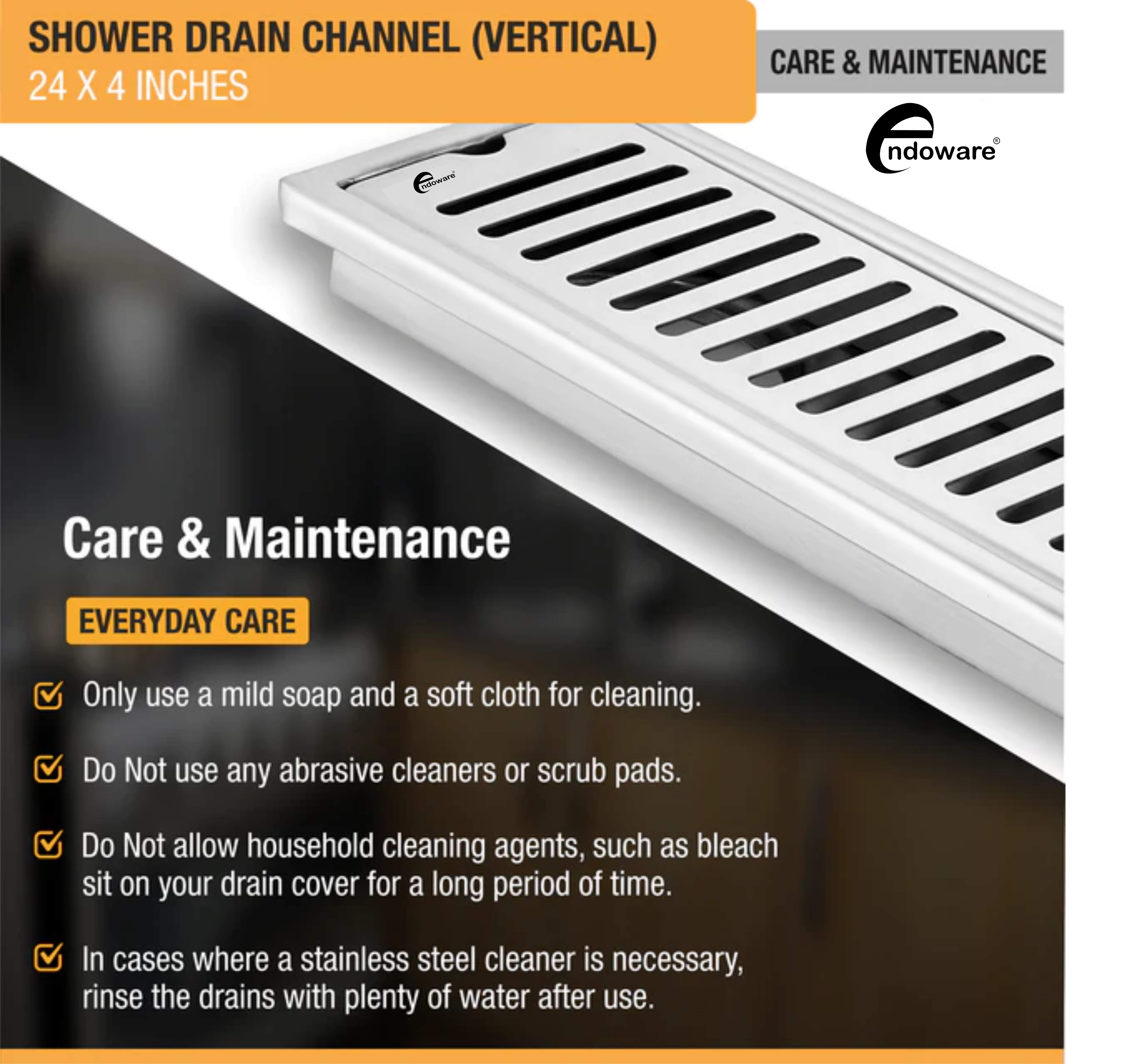 Endoware Vertical Shower Drain Channel (24 x 4 Inches) with Cockroach Trap - 304 Grade Stainless Steel