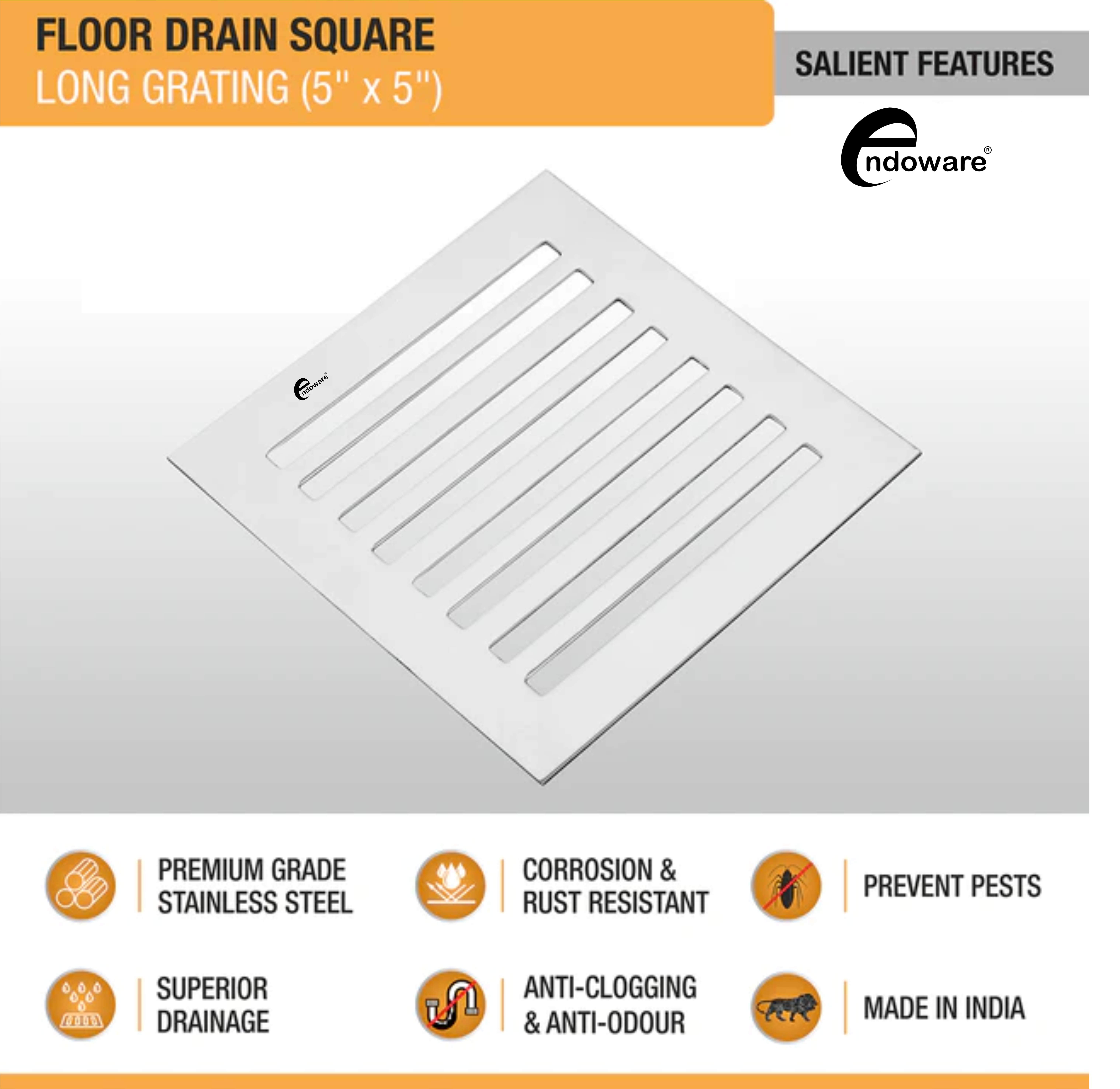 Endoware Long Grating Floor Drain (5 x 5 Inches) - Durable Stainless Steel, Rust-Resistant, Easy Installation