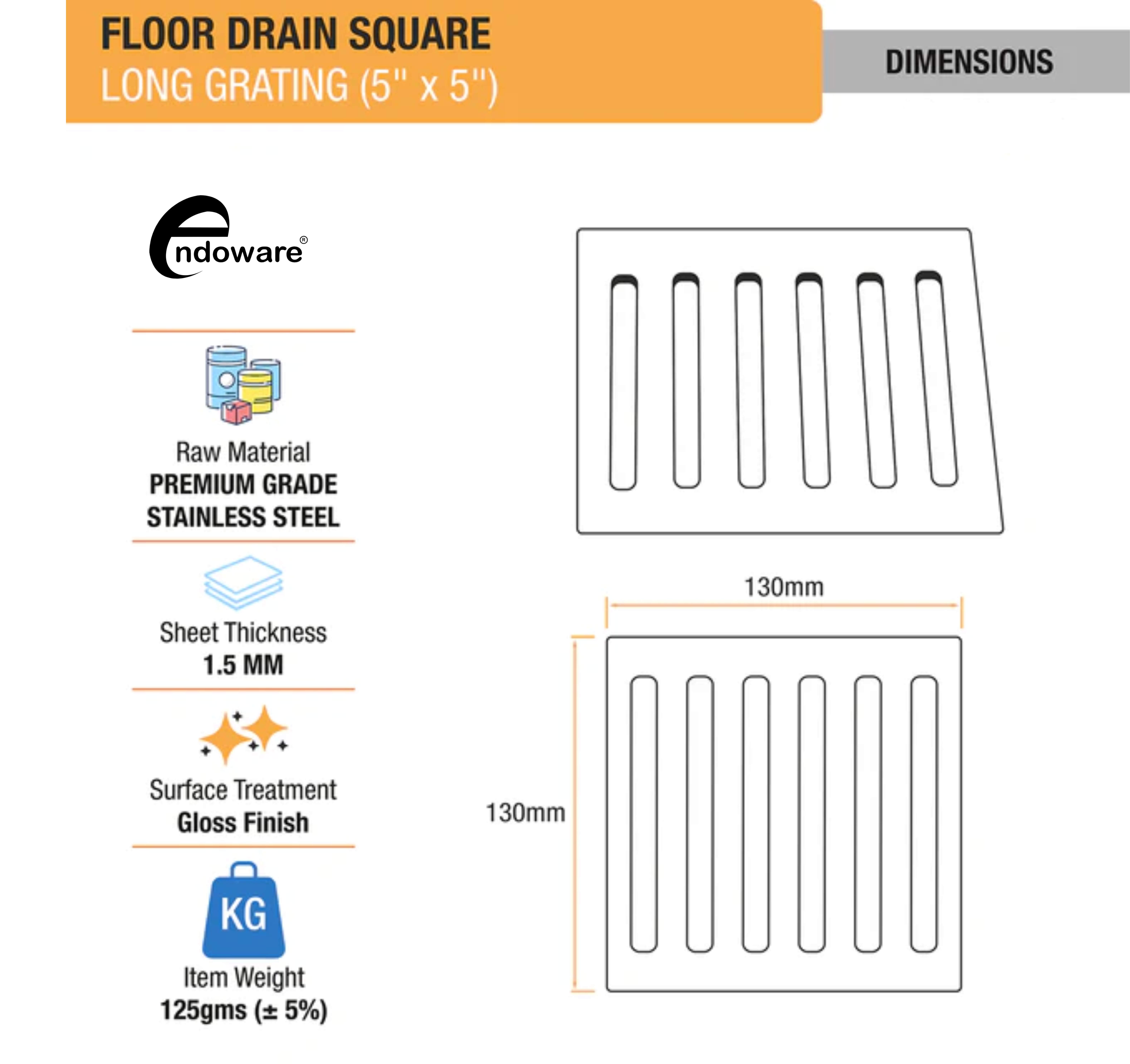 Endoware Long Grating Floor Drain (5 x 5 Inches) - Durable Stainless Steel, Rust-Resistant, Easy Installation